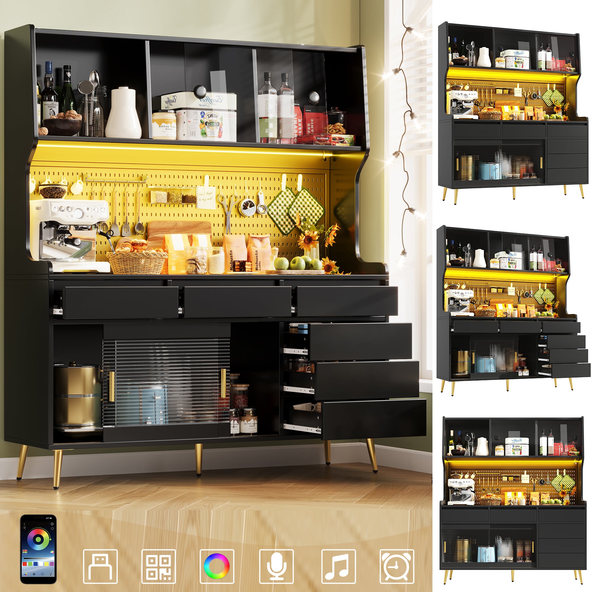 Modern Tall Cabinet with LED & App Control, Drawer, Pegboard Storage - Black