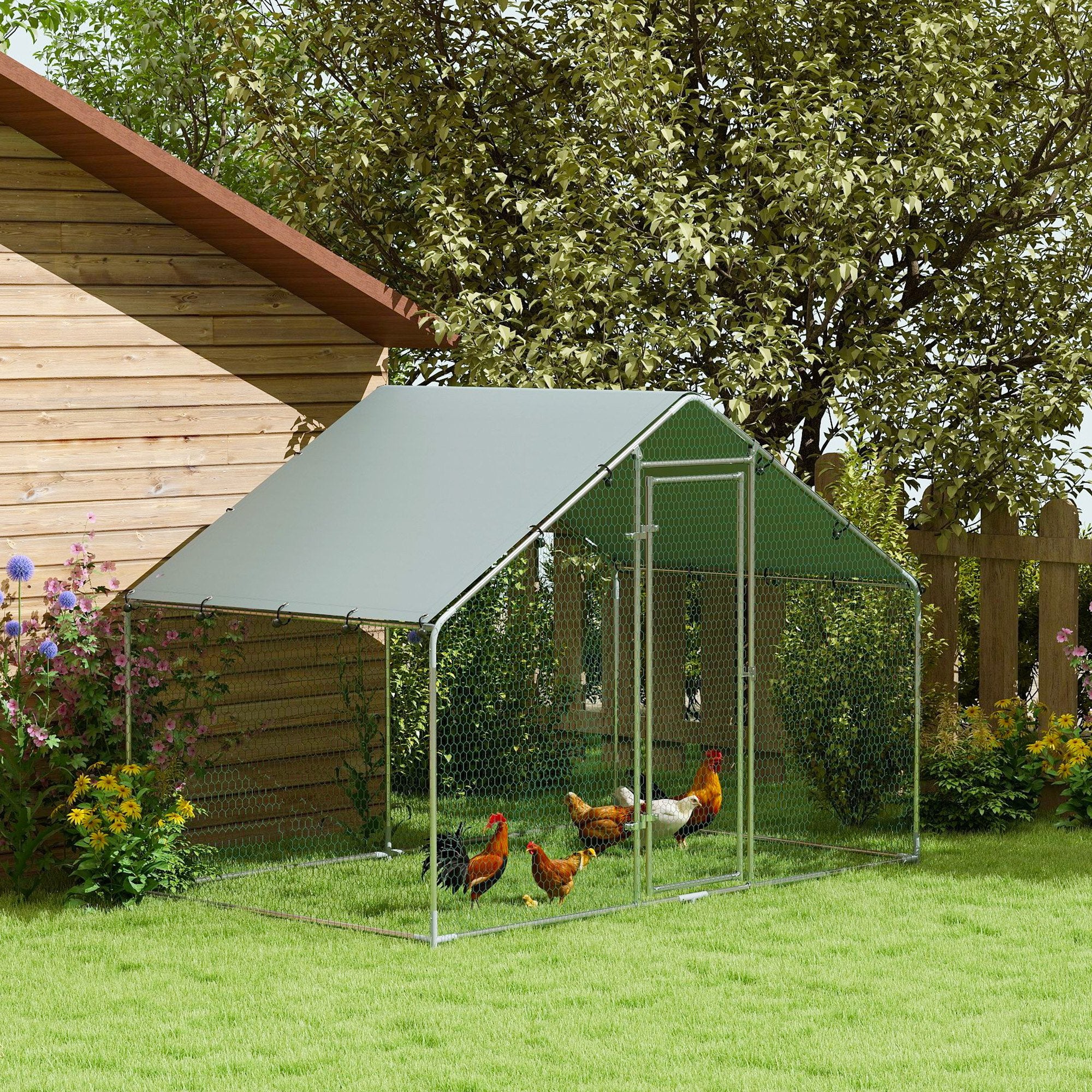 Chicken Coop Free-Range Enclosure, 3x1.7x1.9 m, Lock, Galvanized Steel, Silver
