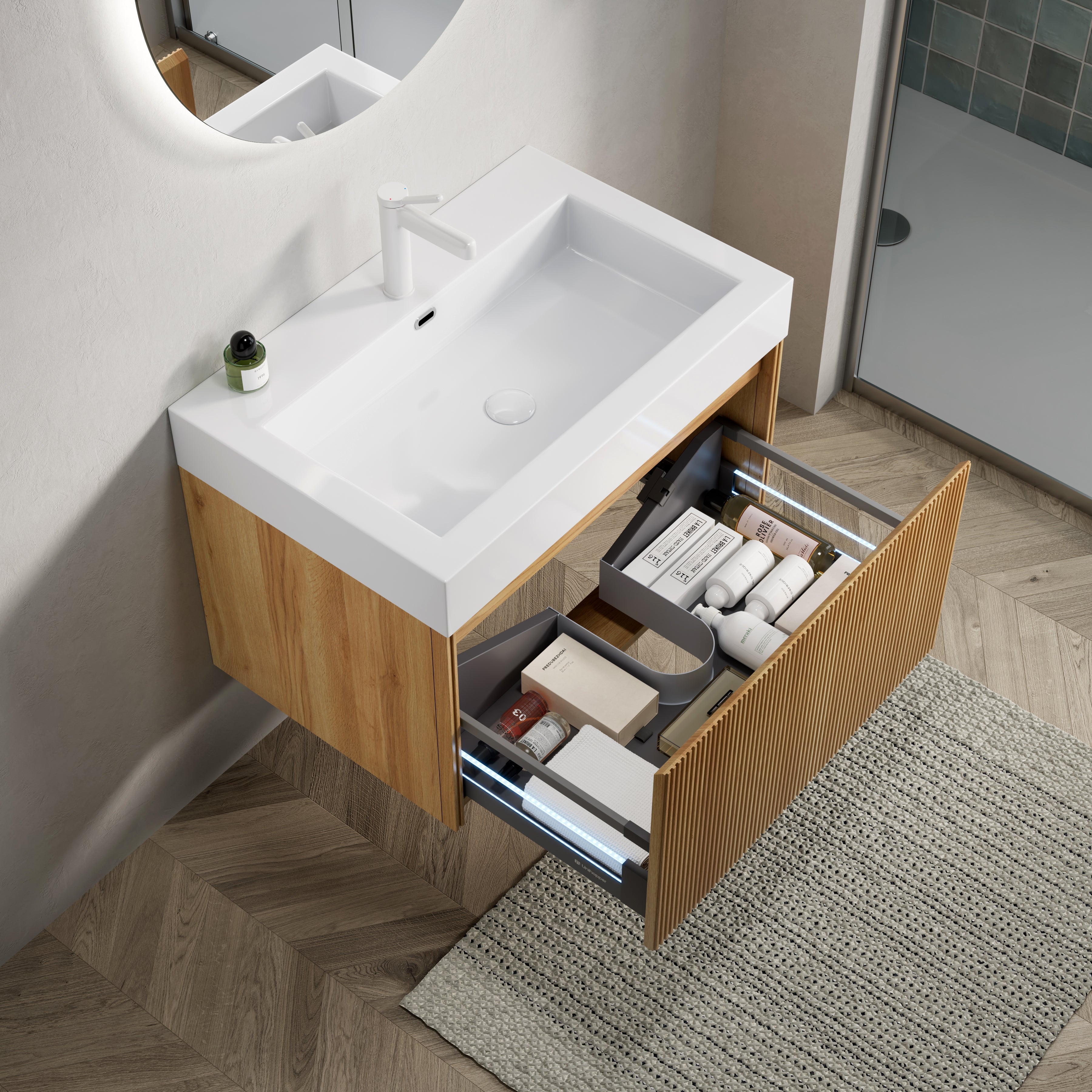 CELE 70cm Wall-Mounted Bathroom Vanity Unit with Resin Basin, One Drawer, Natural Wood