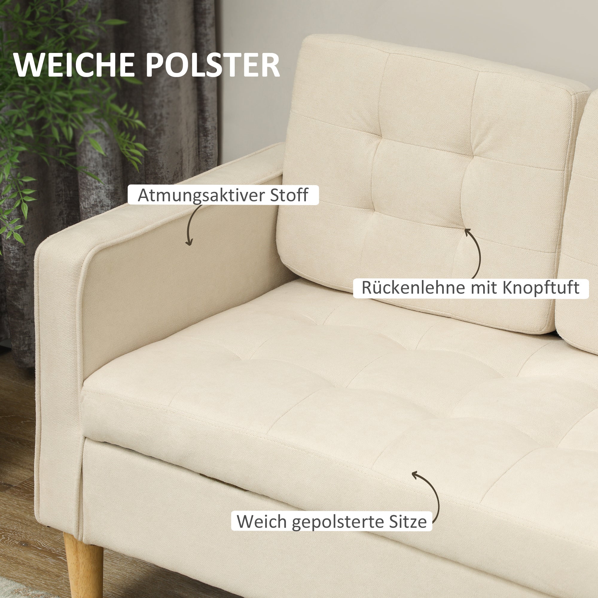 3-seater Sofa, Storage, Wooden Legs, Velvet, Cream White