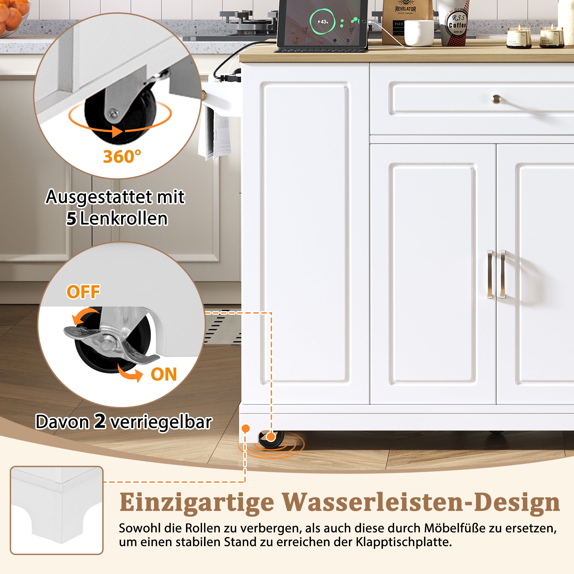 Mobile Kitchen Island Extendable Dining Storage Drawers Waste Bin - White