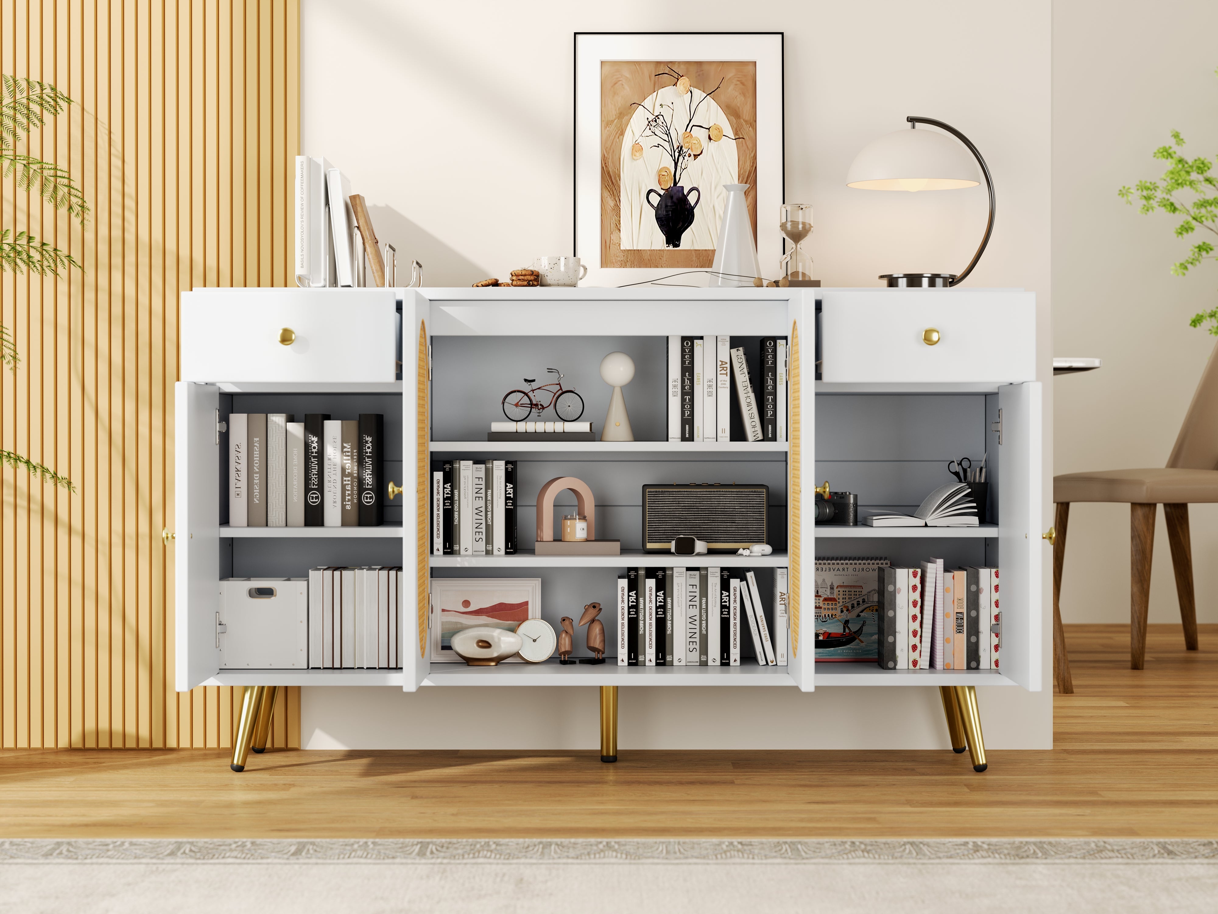 Chest of Drawers Sideboard 2 Drawers 4 Doors Adjustable Shelves White/Natural