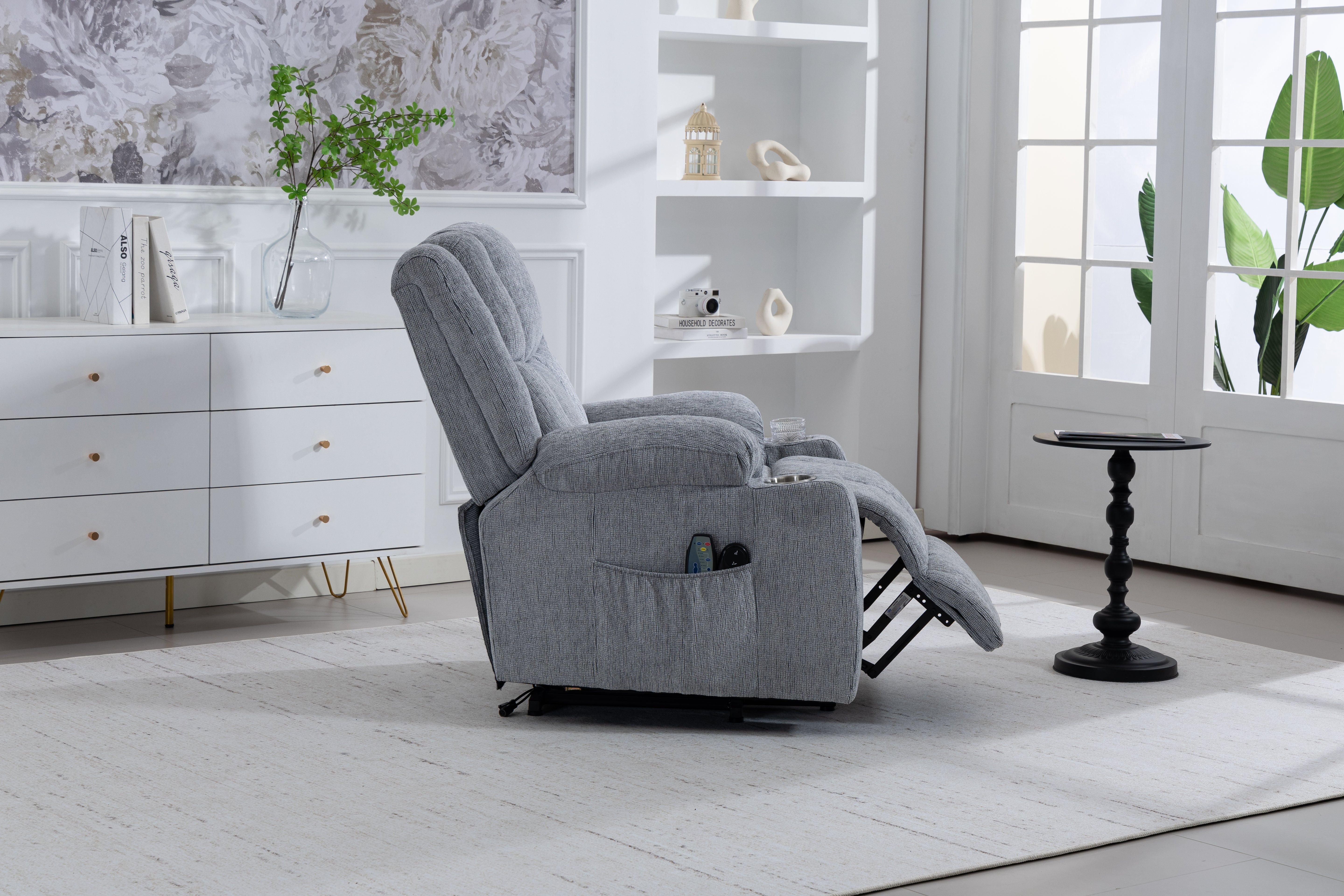 Electric Lift Recliner, Standing Aid, Massage Heat Function, Footrest Cup Holder Light Grey