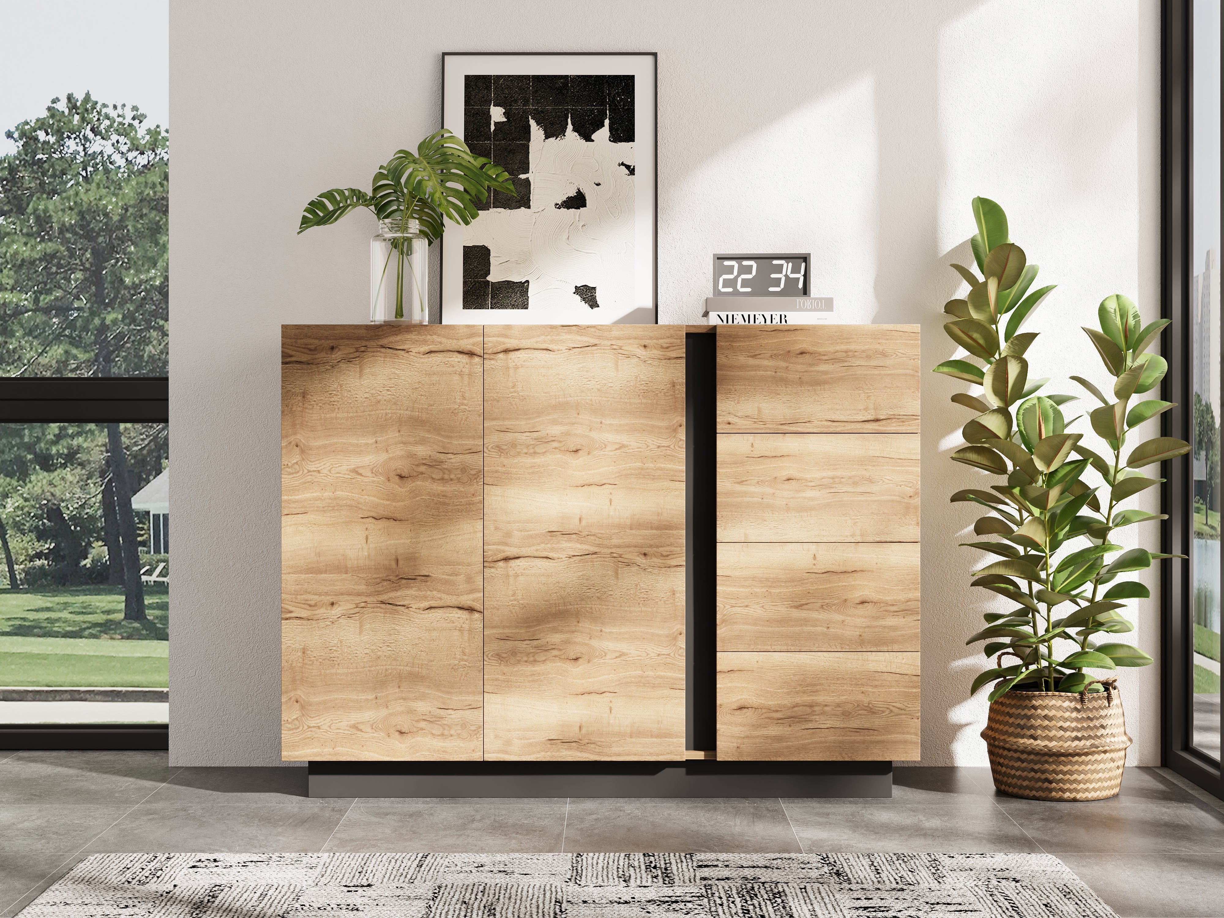 Chest of Drawers Sideboard Storage Cabinet 4 Drawers 2 Doors Black and Natural