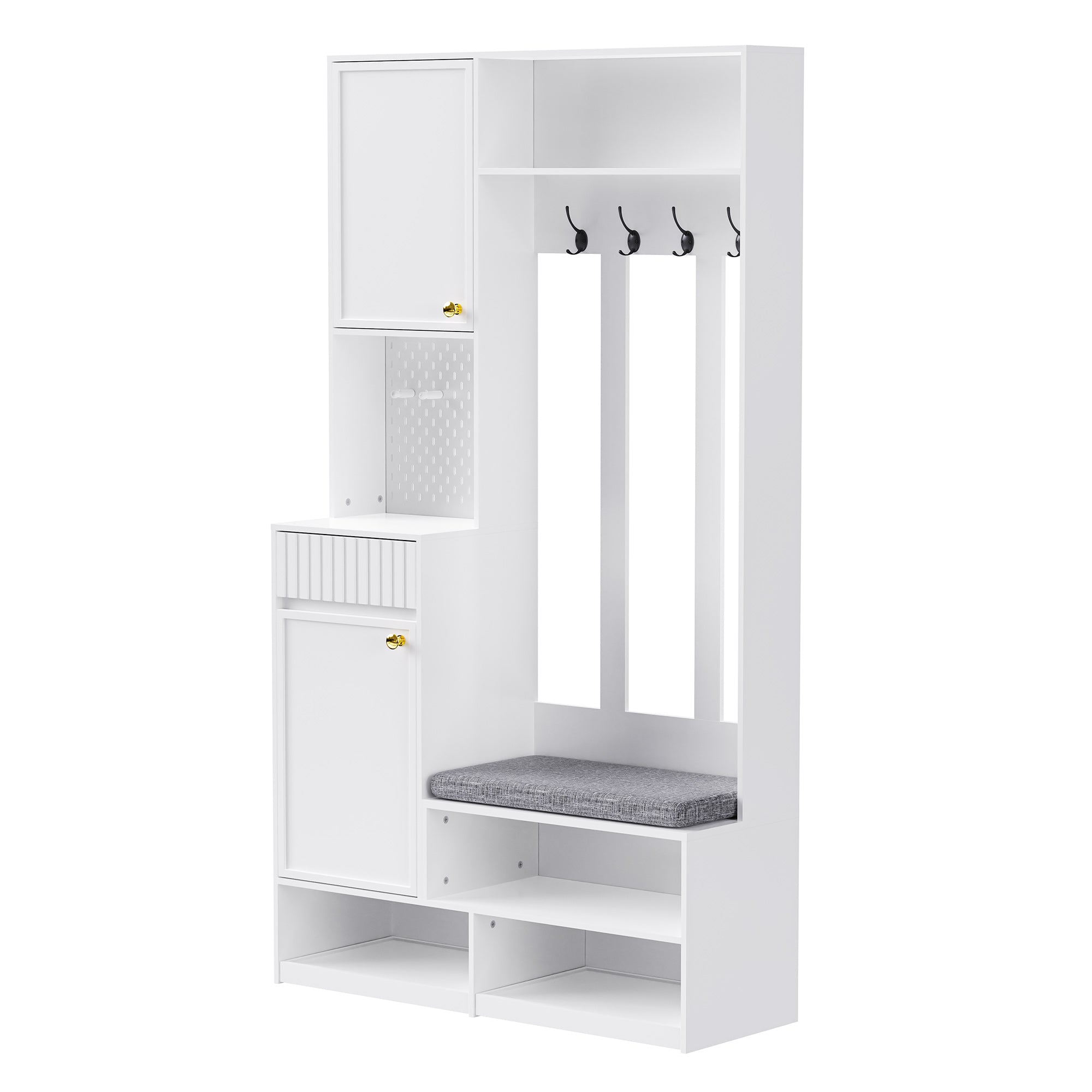Wardrobe set, complete hallway with bench, 4 hooks, doors & drawers - white