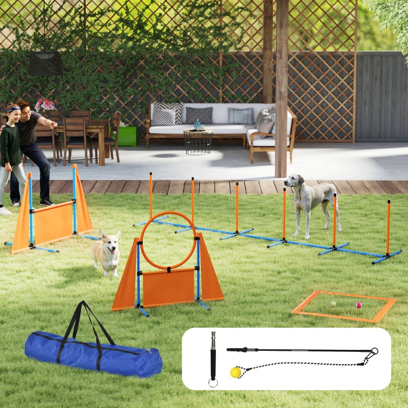Dog Agility Equipment Set, Seven-Piece with Weave Poles, Jump Ring, Hurdle, Pause Box, Carry Bag, Orange