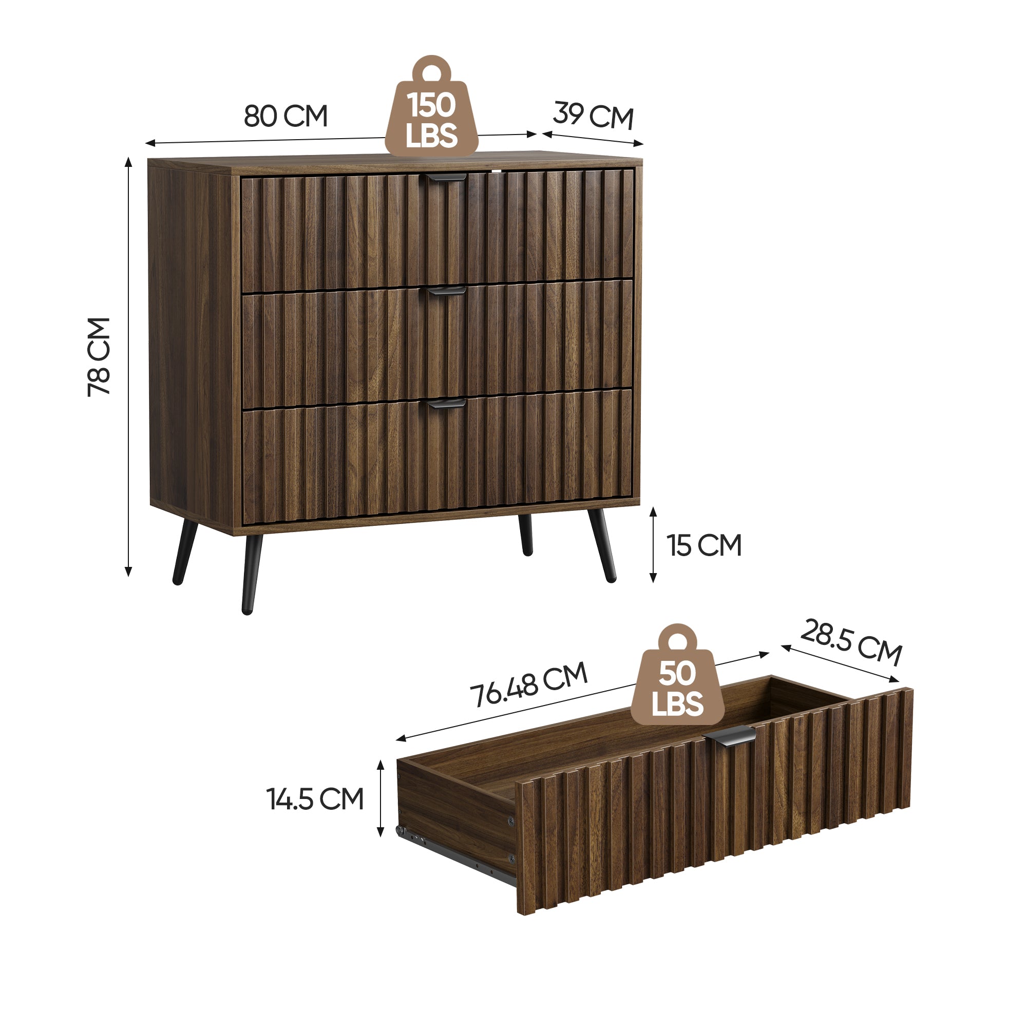 Chest of Drawers Storage Cabinet 3 Drawers Wooden Walnut Color