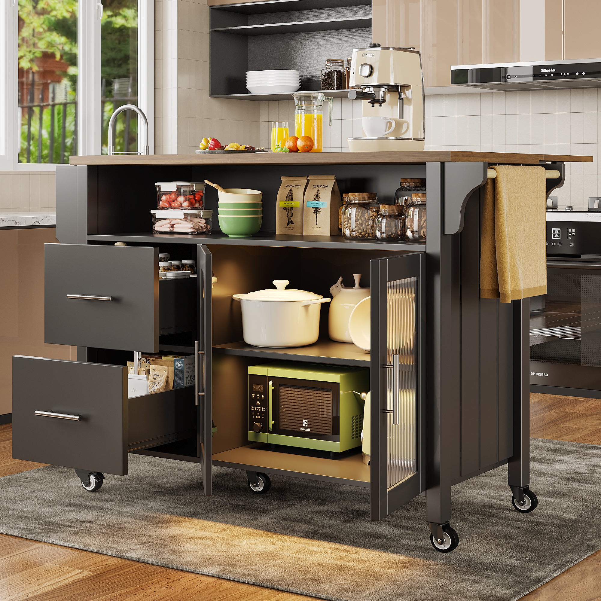 Mobile Kitchen Island with Worktop, Glass Display, LED & Casters - Black