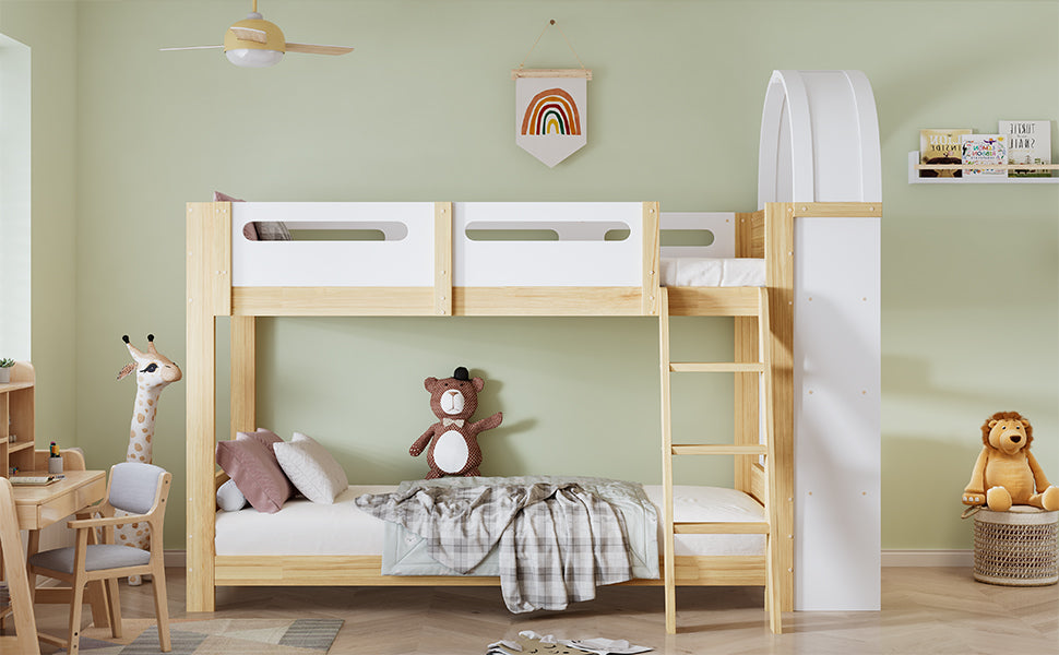 Bunk Bed with Shelf, Rail, & Ladder, Pine + MDF + Plywood, White + Natural