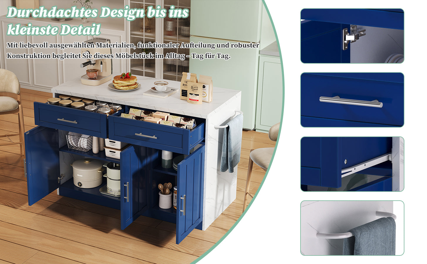 Kitchen Island with Power Outlets and Adjustable Shelves, Wood Look