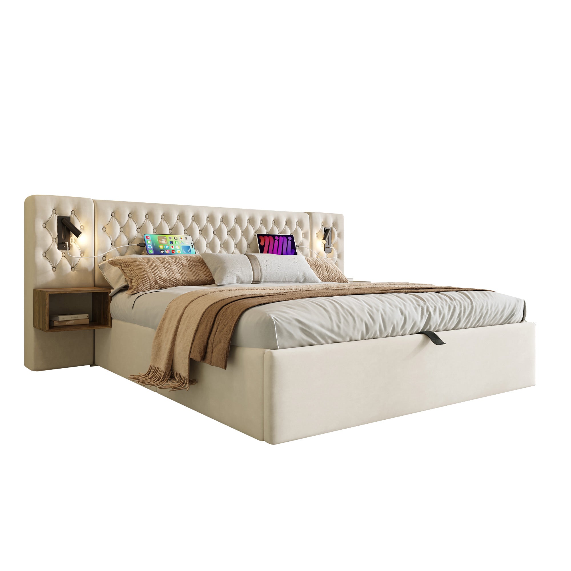 Complete Bedroom Bed Set, Upholstered Hydraulic Storage Double Bed 180x200cm with 2 Nightstands & USB Reading Light, Beige Velvet