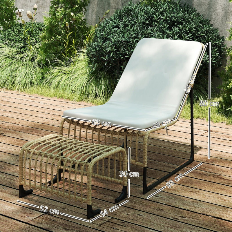 Rattan Relaxing Chair with Footstool, UV-resistant Garden Chair, Natural Wood
