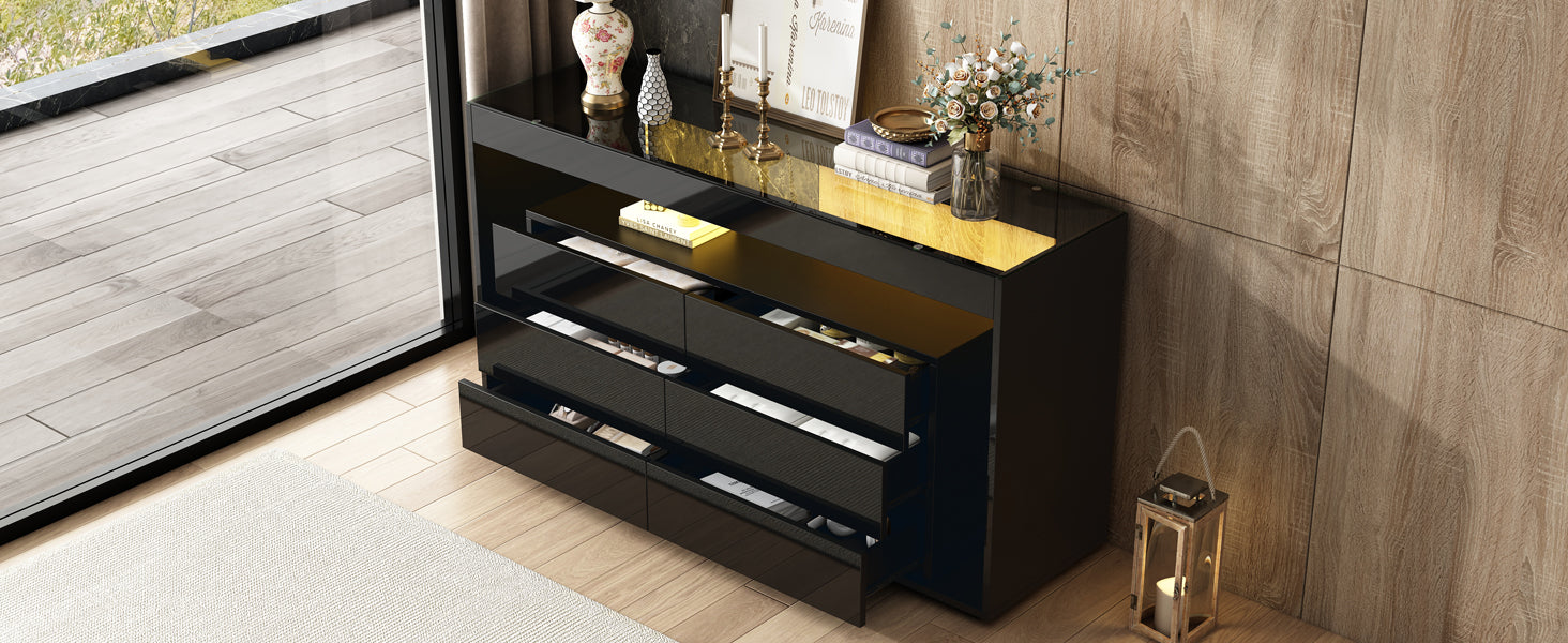 Sideboard, 6-Drawer LED High-Gloss with Tempered Glass Top, Black