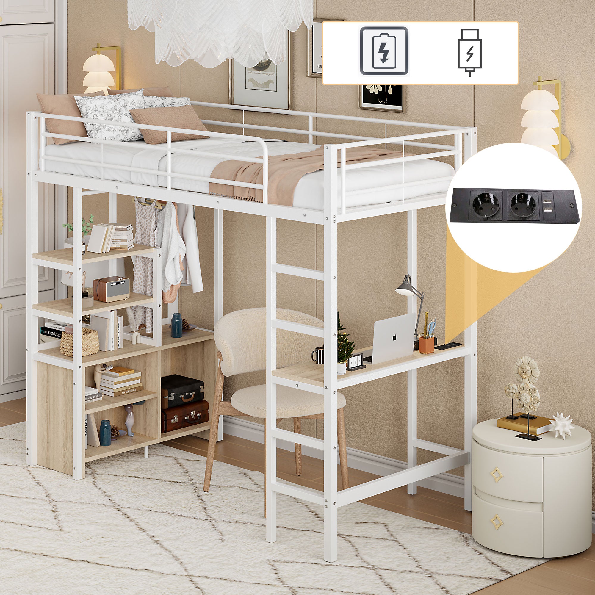 Loft Bed 90x200cm with Desk, USB/Power Outlet, Shelves & Storage - White Iron Frame