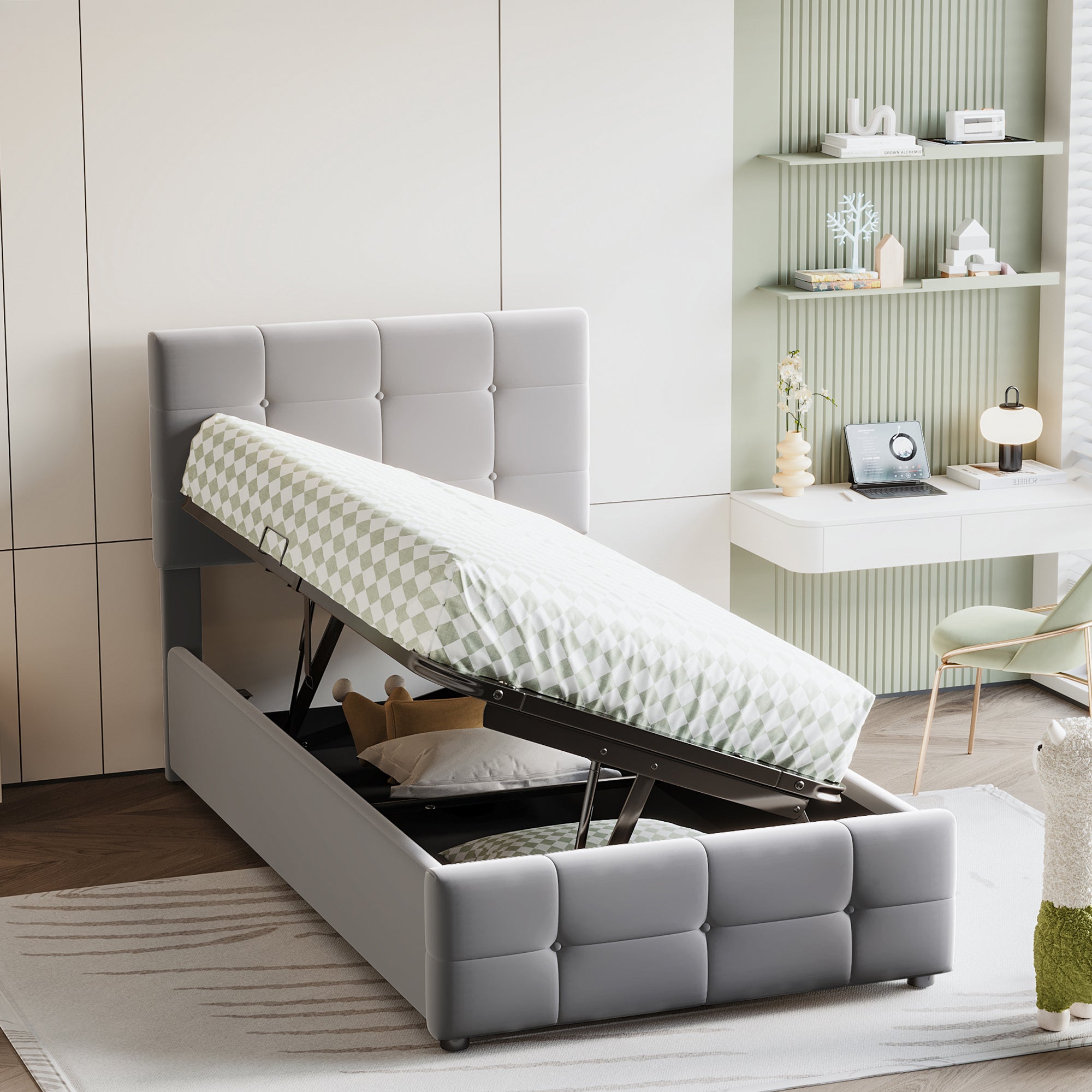 Children's Bed 90x200cm, Hydraulic Storage, Adjustable Headboard, Velvet Grey