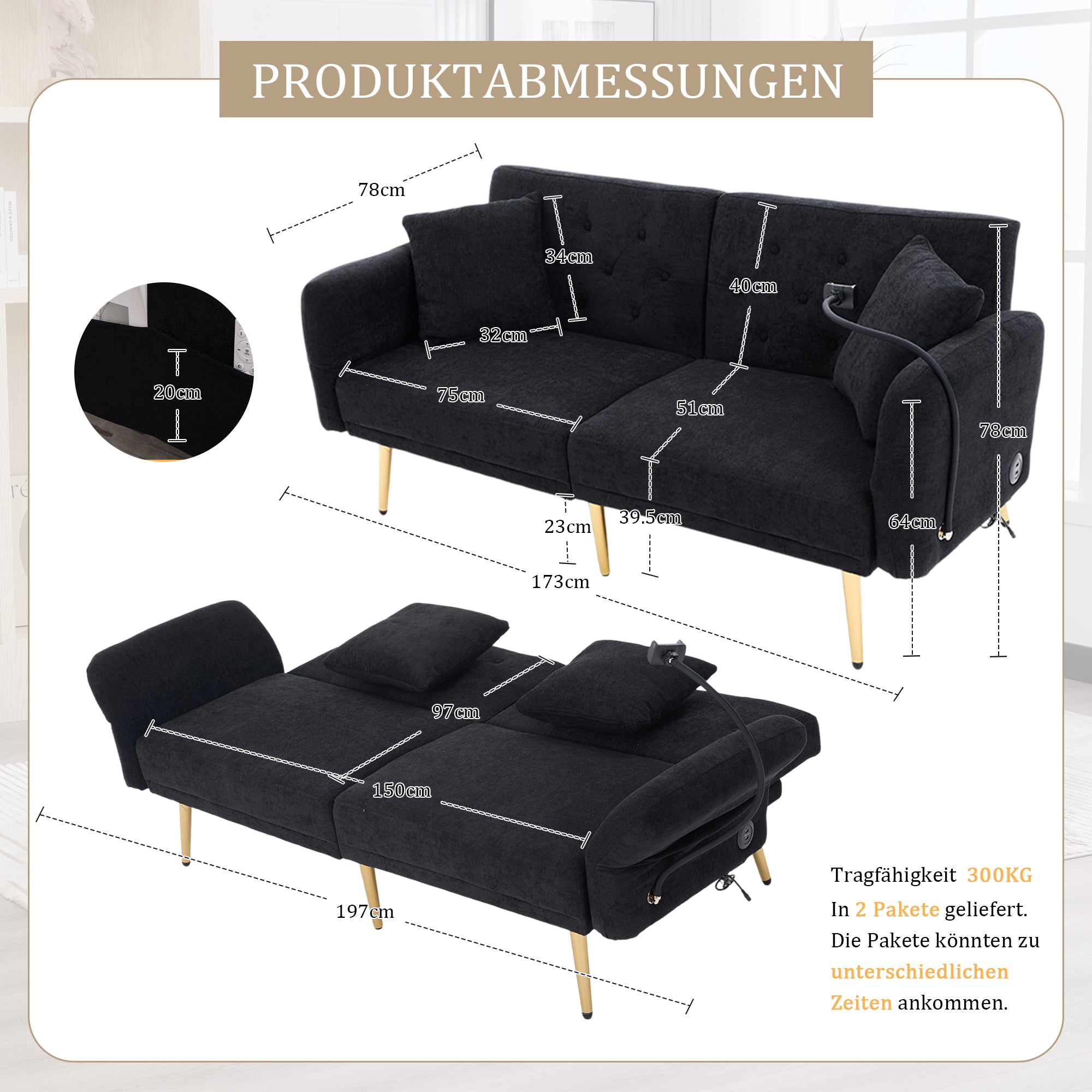 Sofa Bed, Multifunctional with USB & Holder, Metal Legs