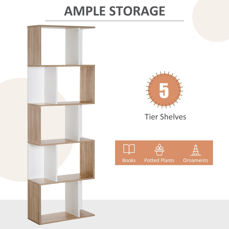 Bookcase S-Shaped 5/6 Tiers Freestanding Wooden Storage Shelf, Oak and White