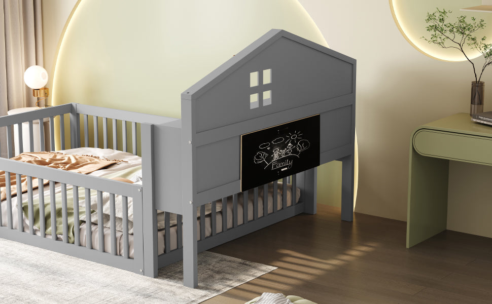 Children's Bed 140x200, House Frame with Shelves, Safety Gate & Slatted Frame, Grey Solid Wood