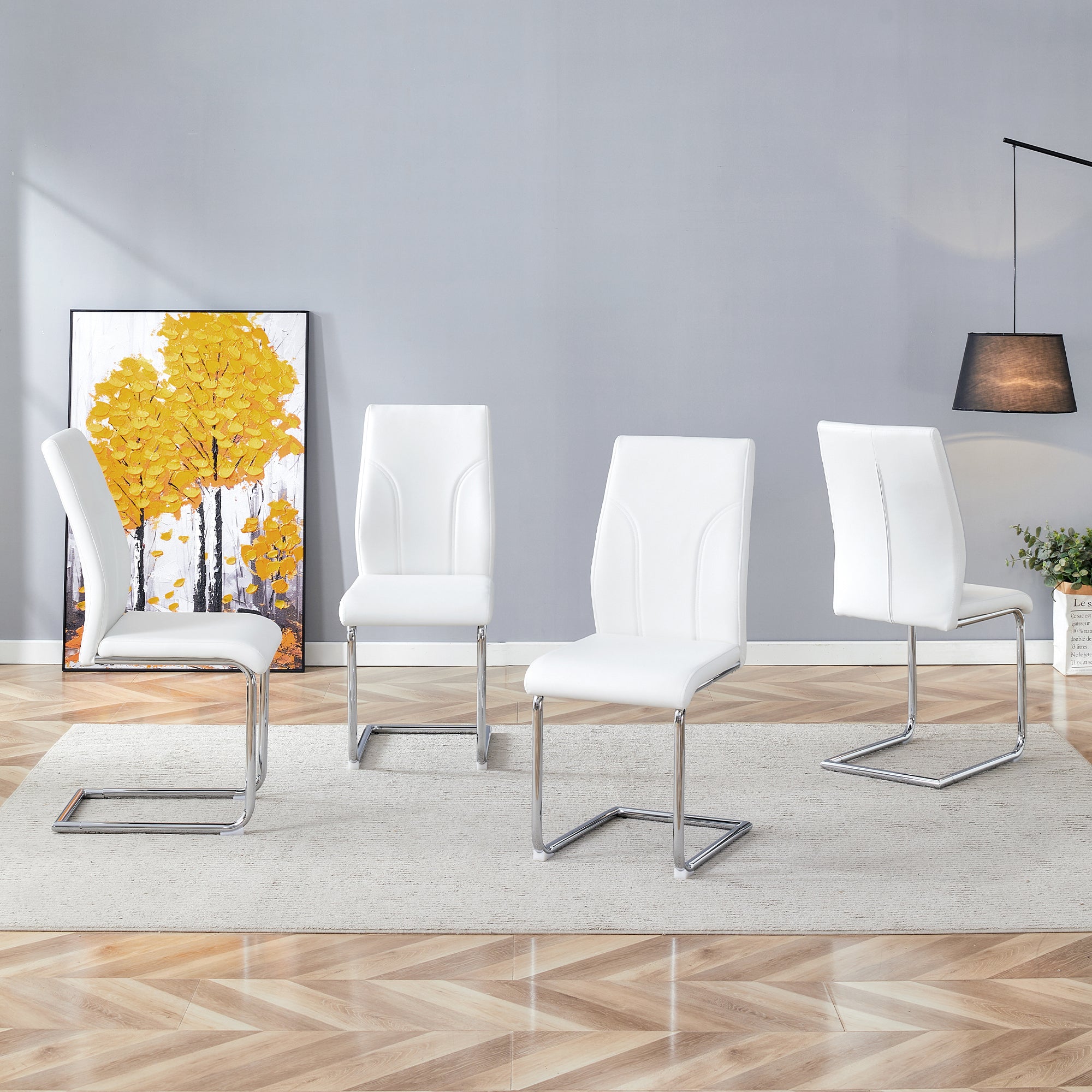 Chairs, Set of 2 with Silver Metal Legs, White PU Material