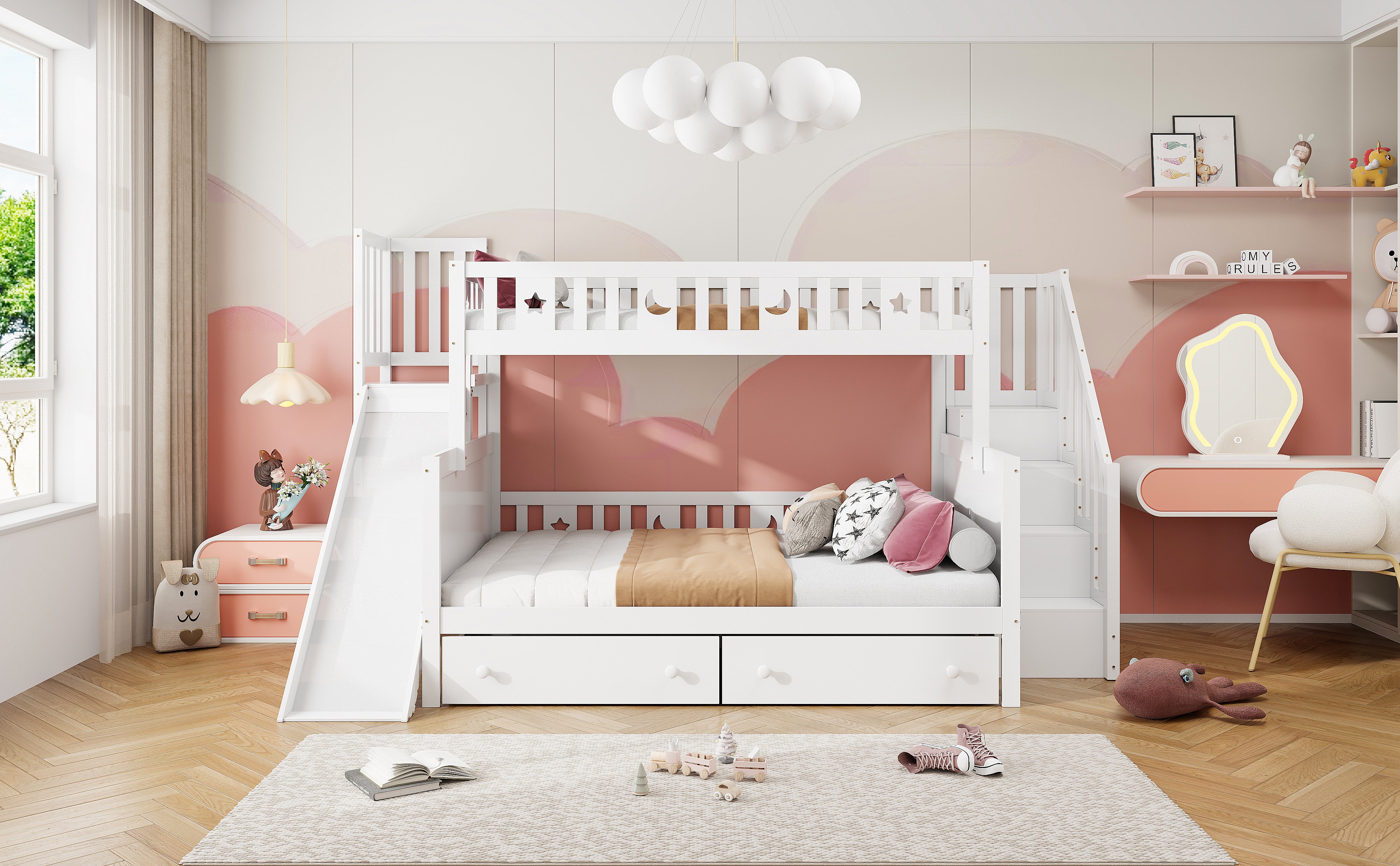 Children's Bed Bunk with Slide, Shelf, Drawers, White