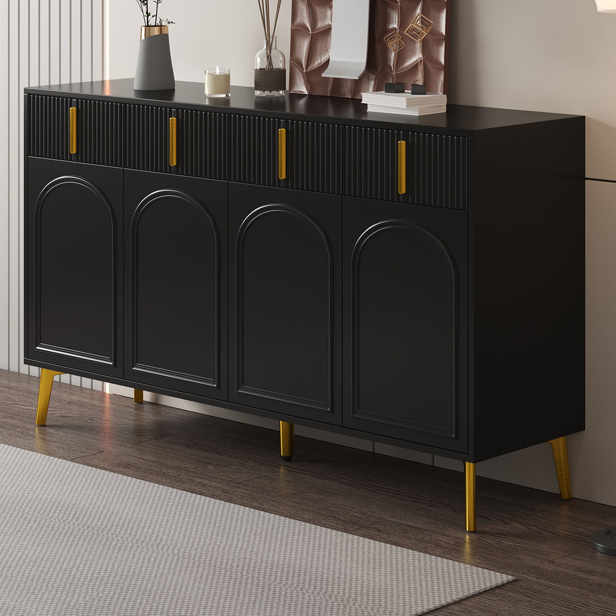 Sideboard, 4 Doors 4 Drawers, Gold Accents