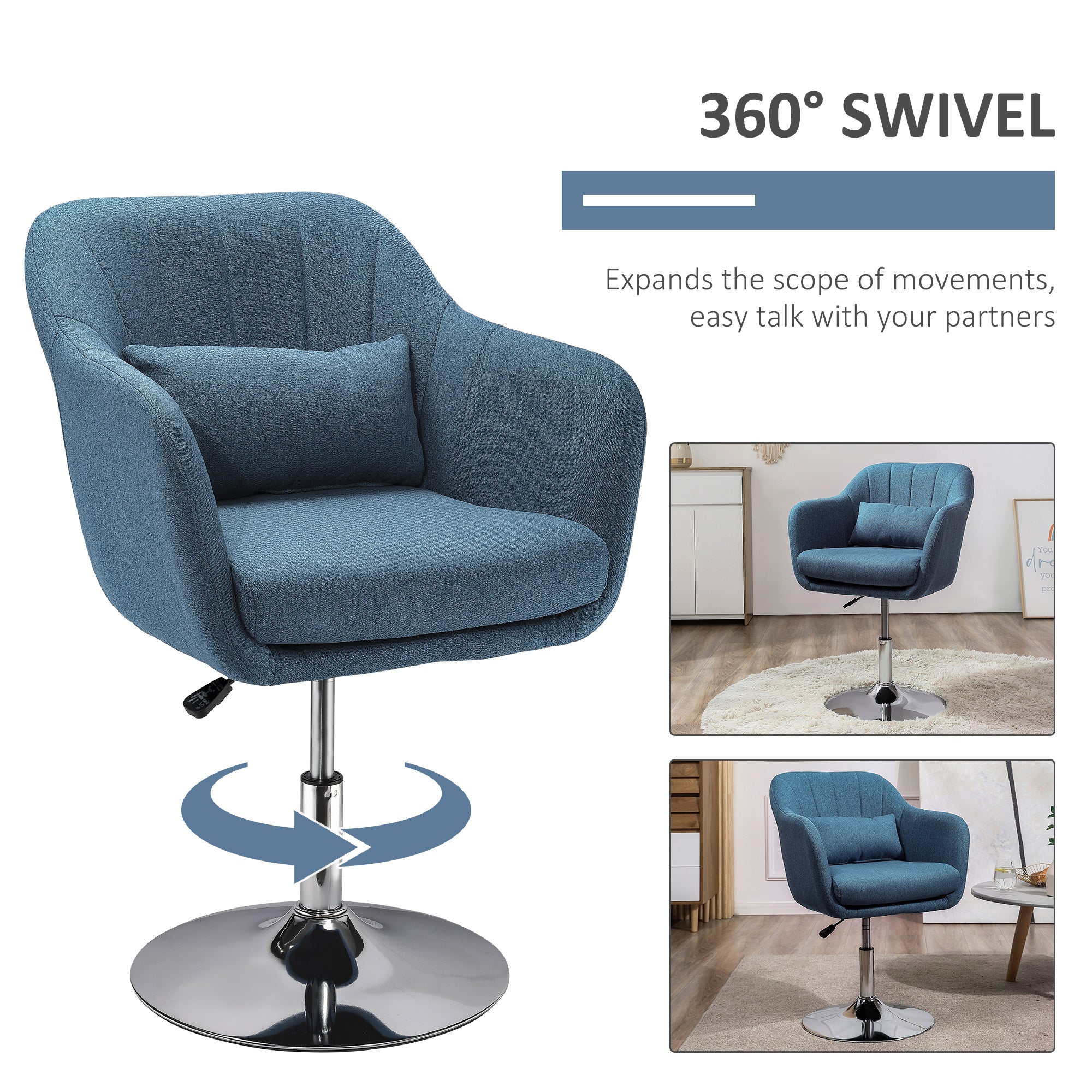 Swivel Accent Chair, Adjustable Height Thick Cushion Lumbar Support, Linen Fabric Blue