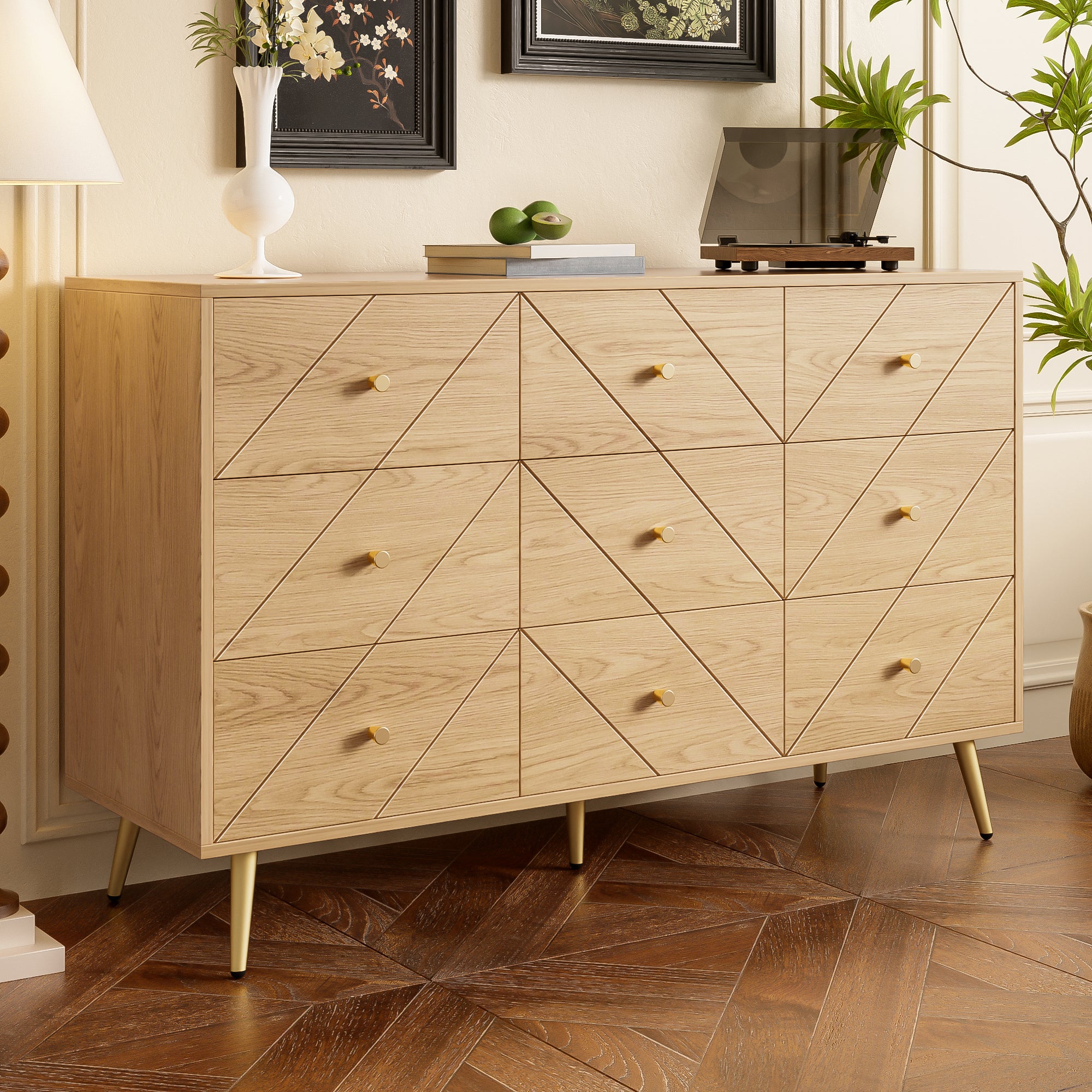 Modern 9-Drawer Chest, Iron Legs Geometric Pattern, PB Construction