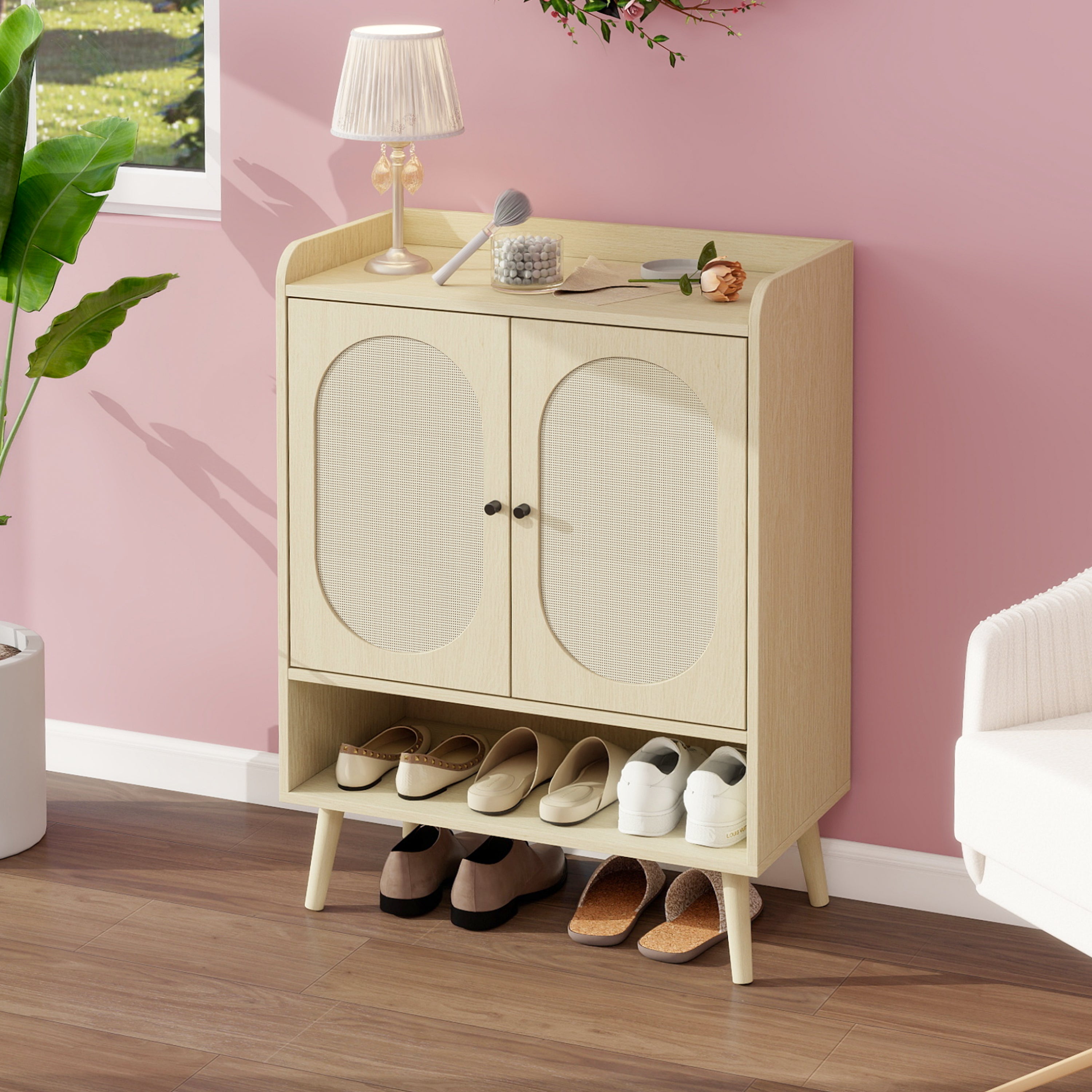 Shoe Cabinet with Double Doors, Storage & Open Shelf, Natural Rattan