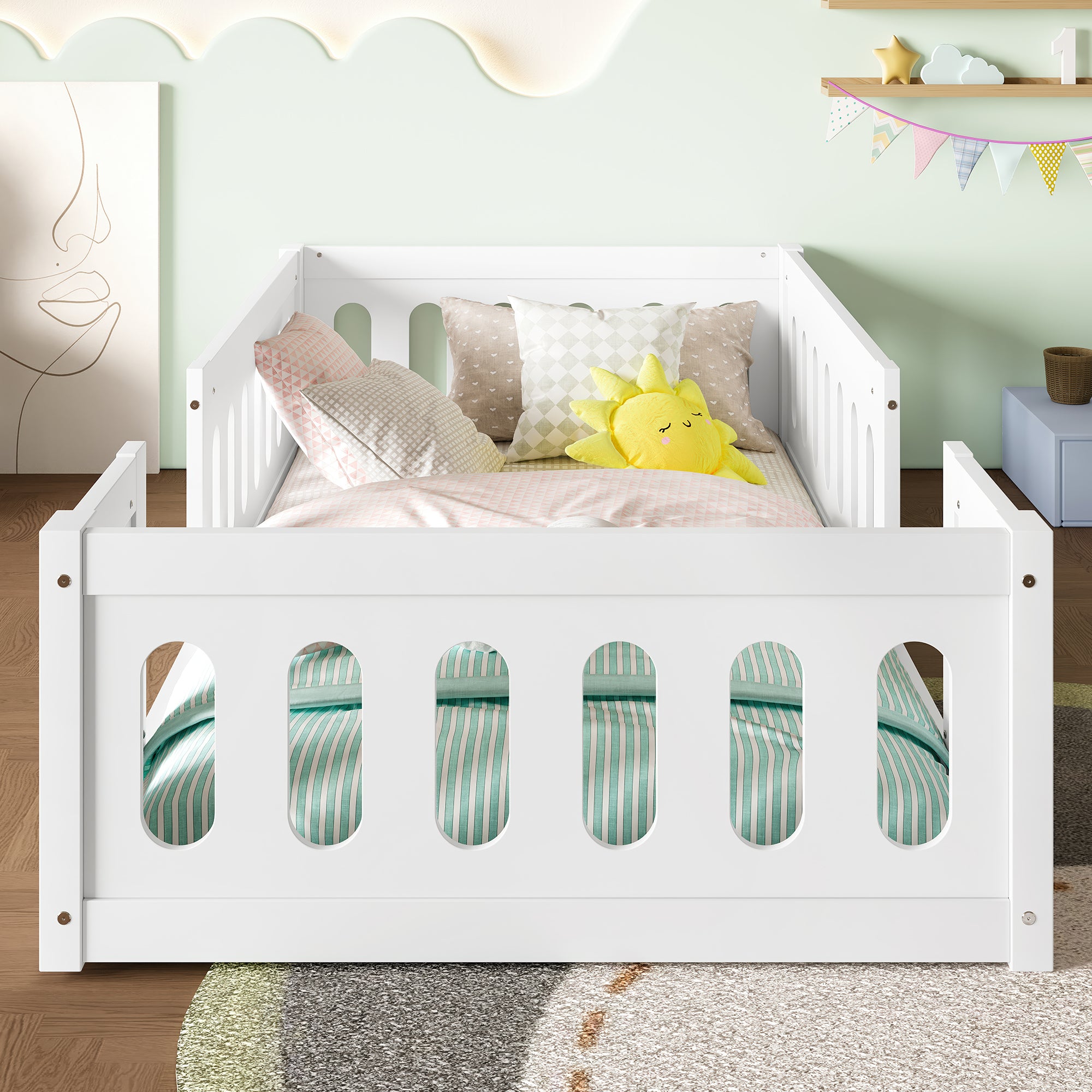 Wooden Platform Bed 90x200 with Railing, White