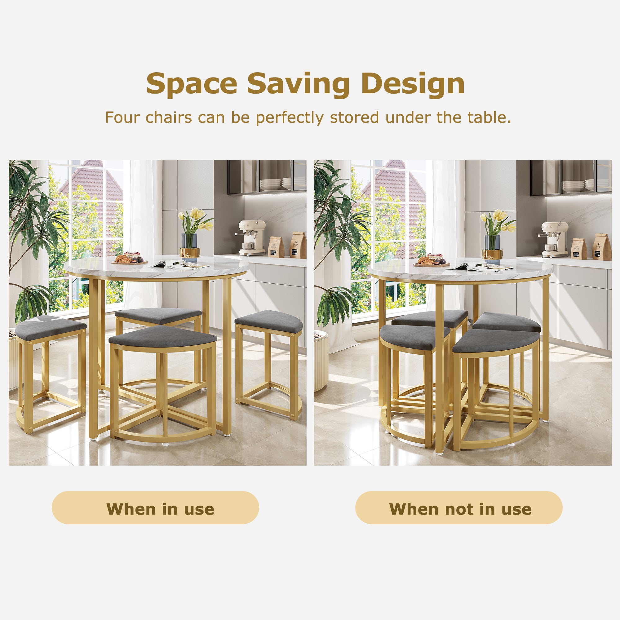 Dining Table Set - 4 Chairs, MDF & Gold-Plated Iron, Velvet, Gray