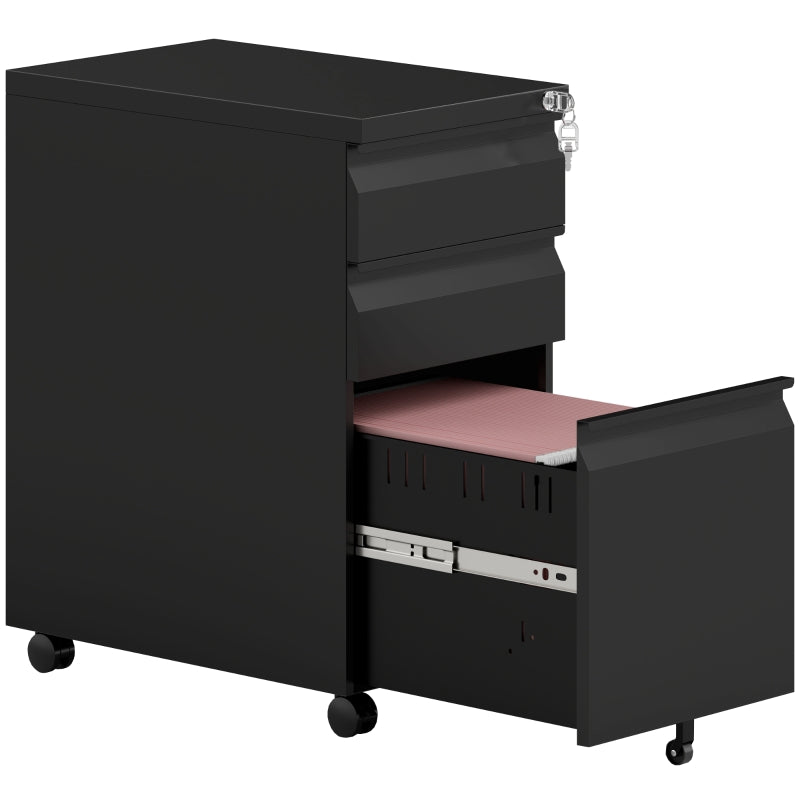 3-Drawer Filing Cabinet with Lock and Wheels - Black Steel