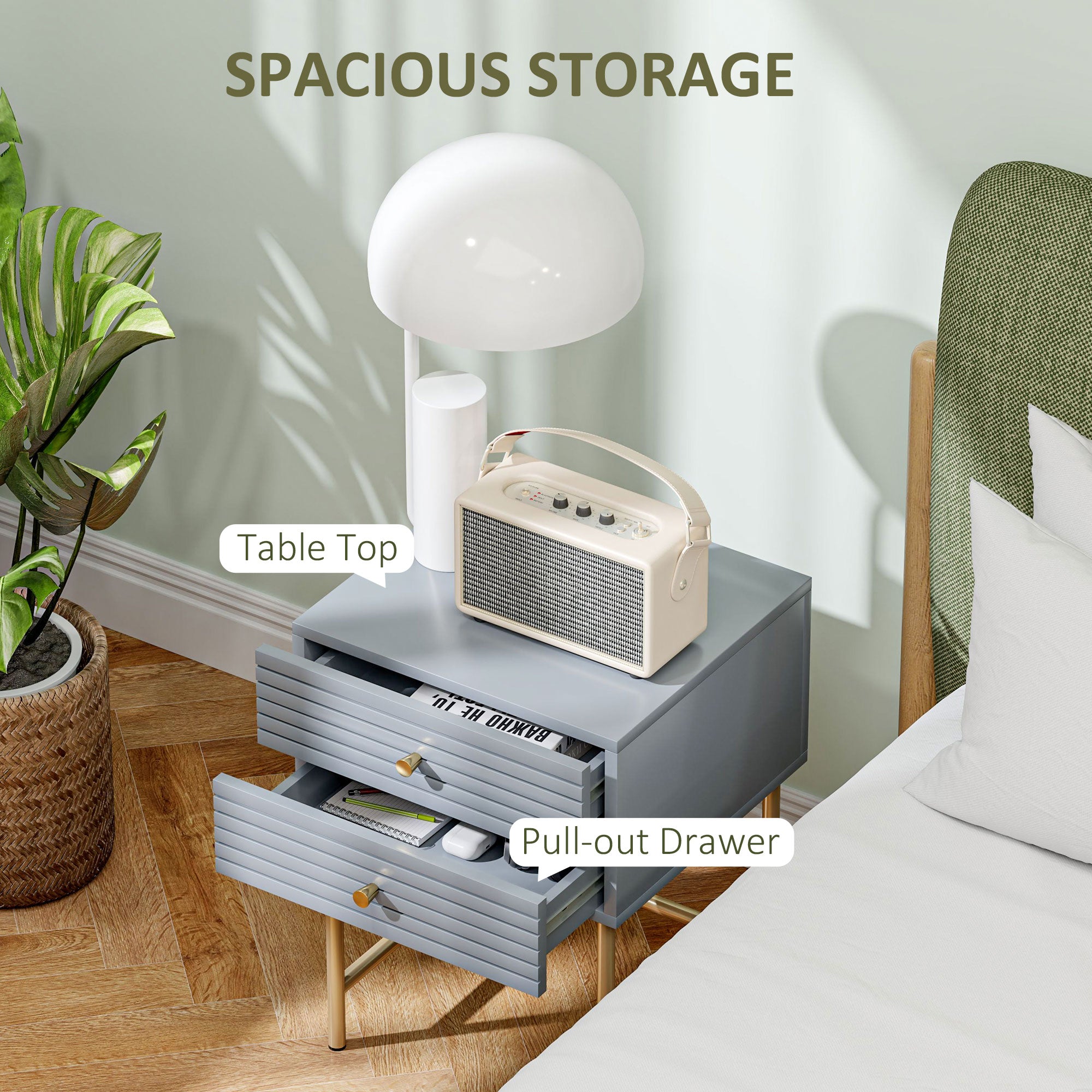 Bedside Tables, Set of Two Elegant, Grey/Gold-Tone