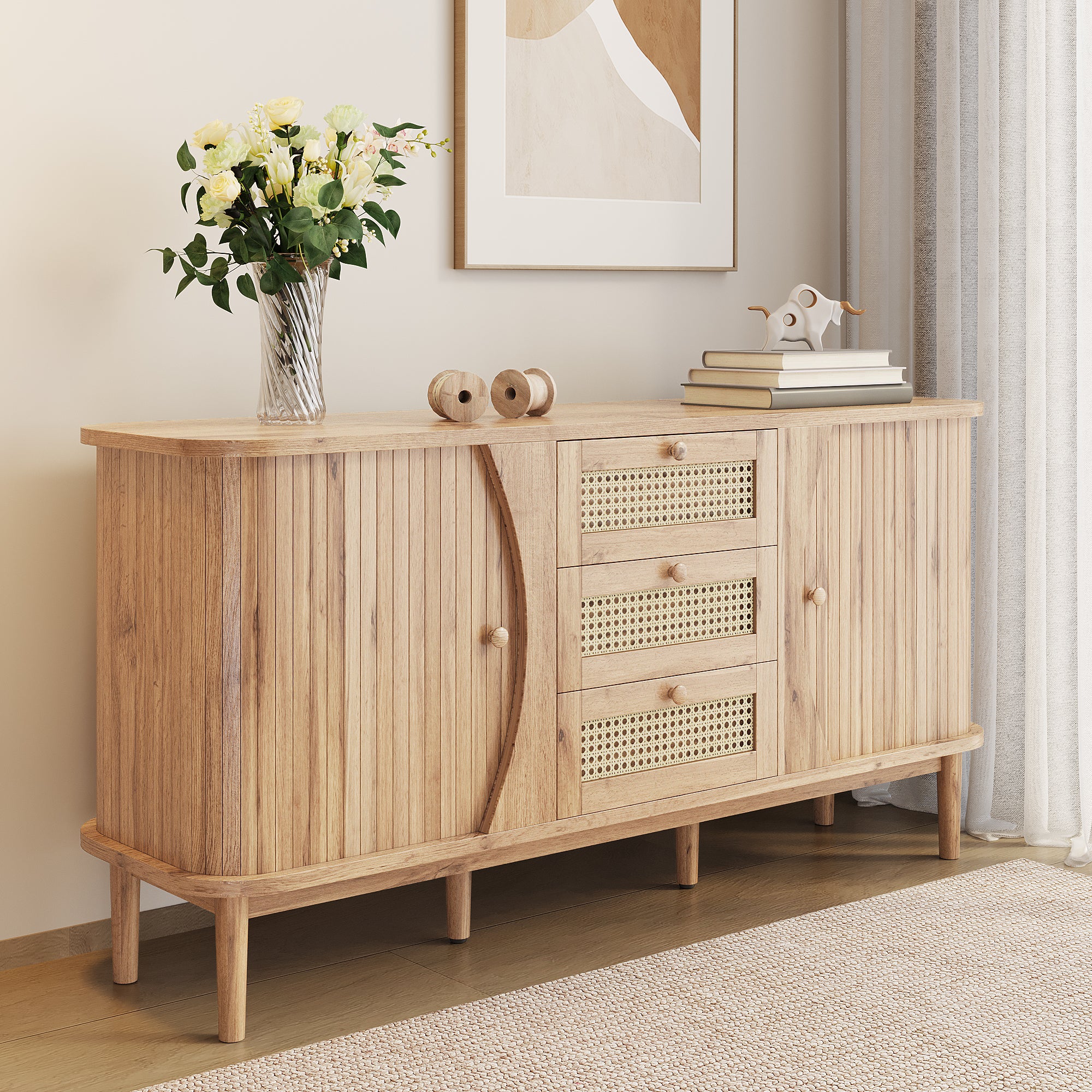 Sideboard Rattan Sliding Door Chest, Adjustable Shelves Rounded Top