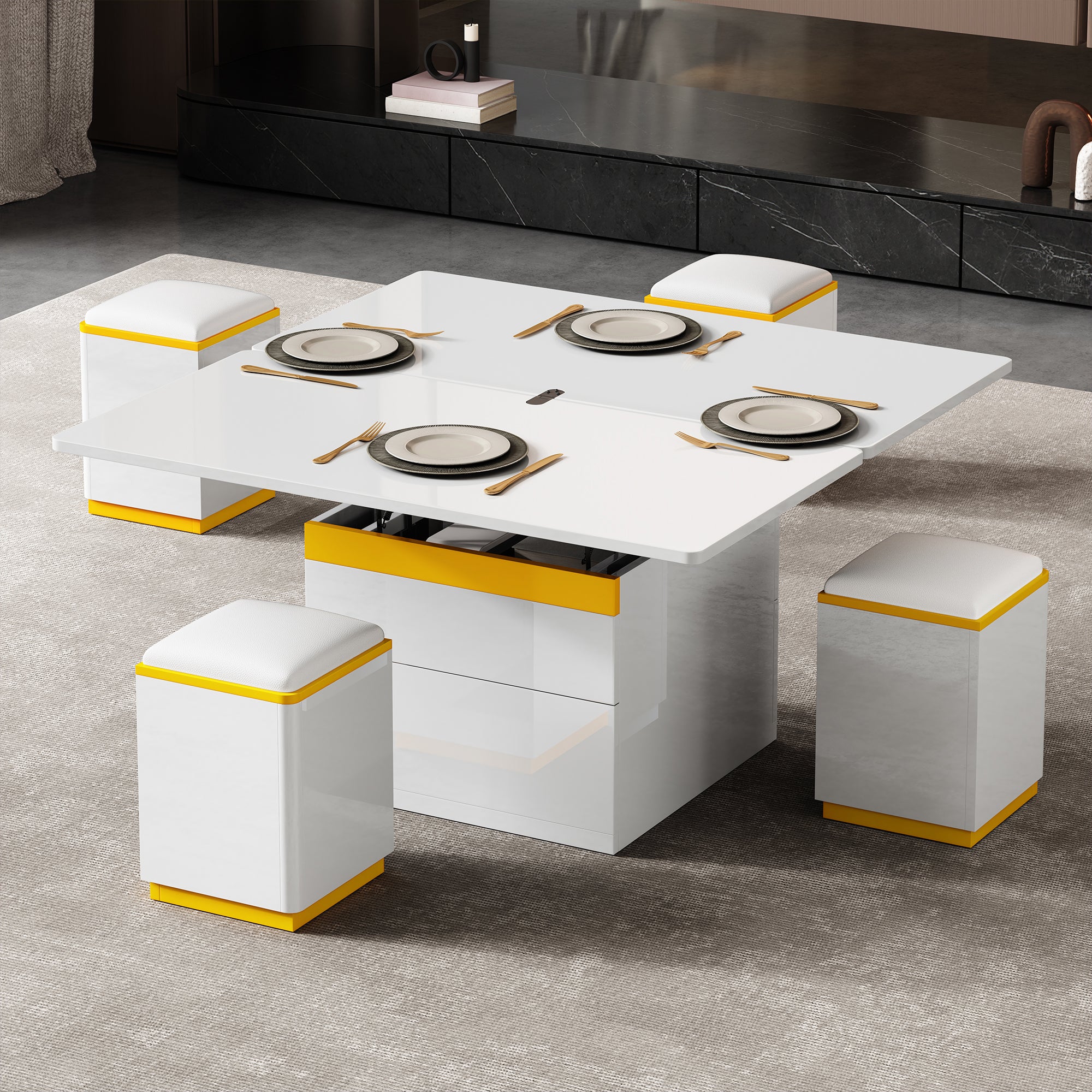 Coffee Table Multifunctional High-Gloss Adjustable Foldable Dining 100x50x43cm - White