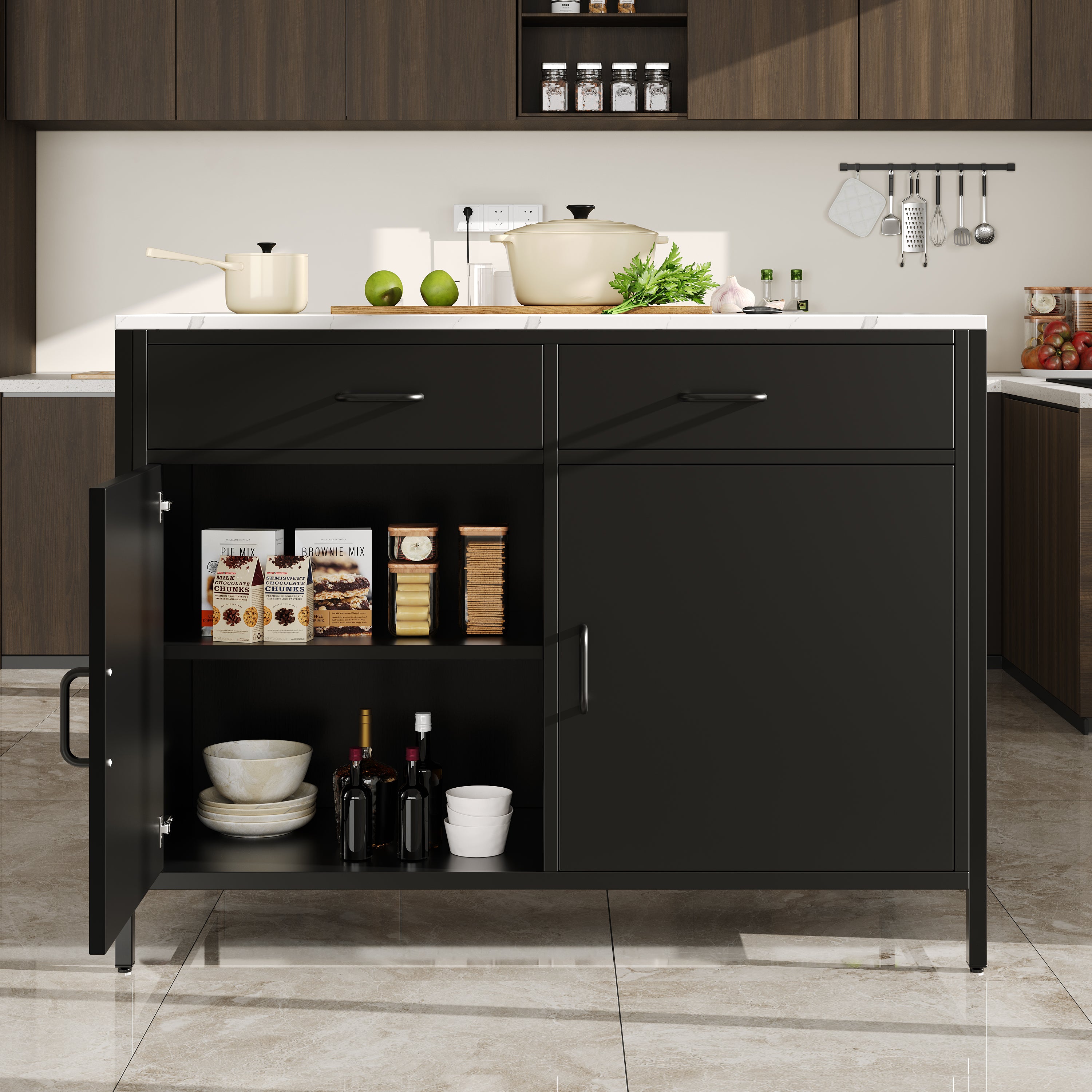 Black Bar Table with Marble Texture Tabletop and Adjustable Feet, MDF