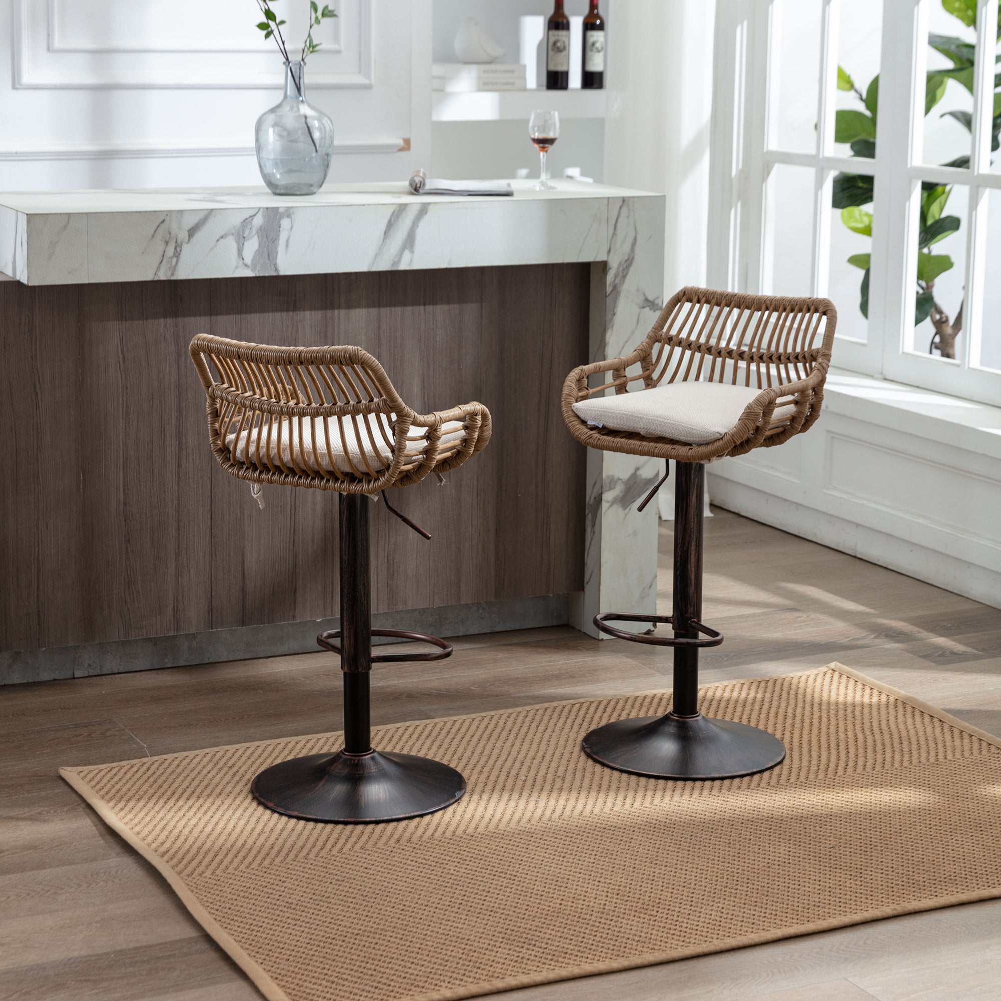 GOMYWAY 2 PCS Modern Swivel Bar Stools Height Adjustable, Wicker Beige