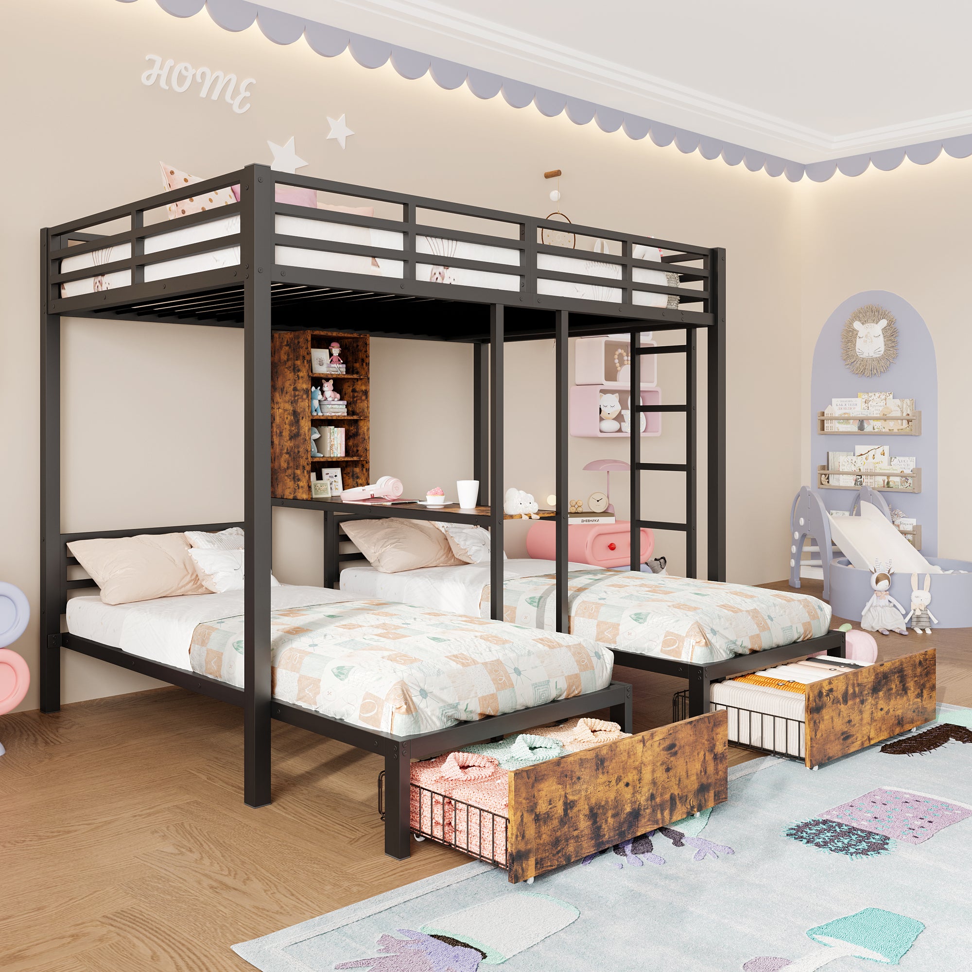 Bunk Bed 3 Beds 140x200 + 90x200 Storage Drawers Black