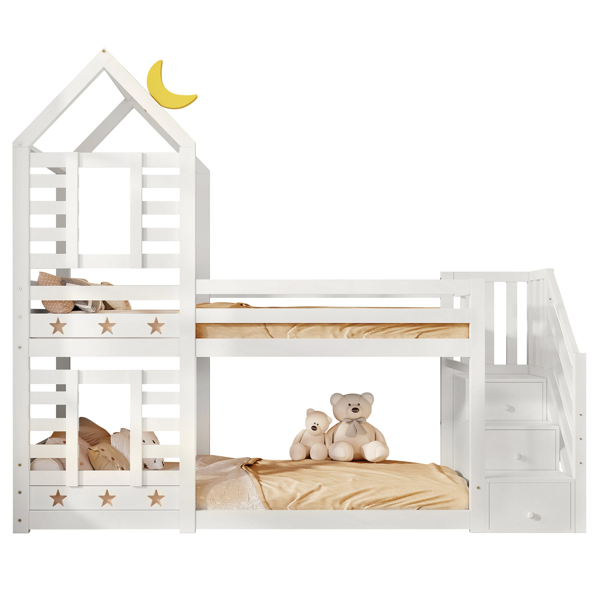 Children's Bed, Tree House Bunk Bed with Drawers & Fall Protection, White