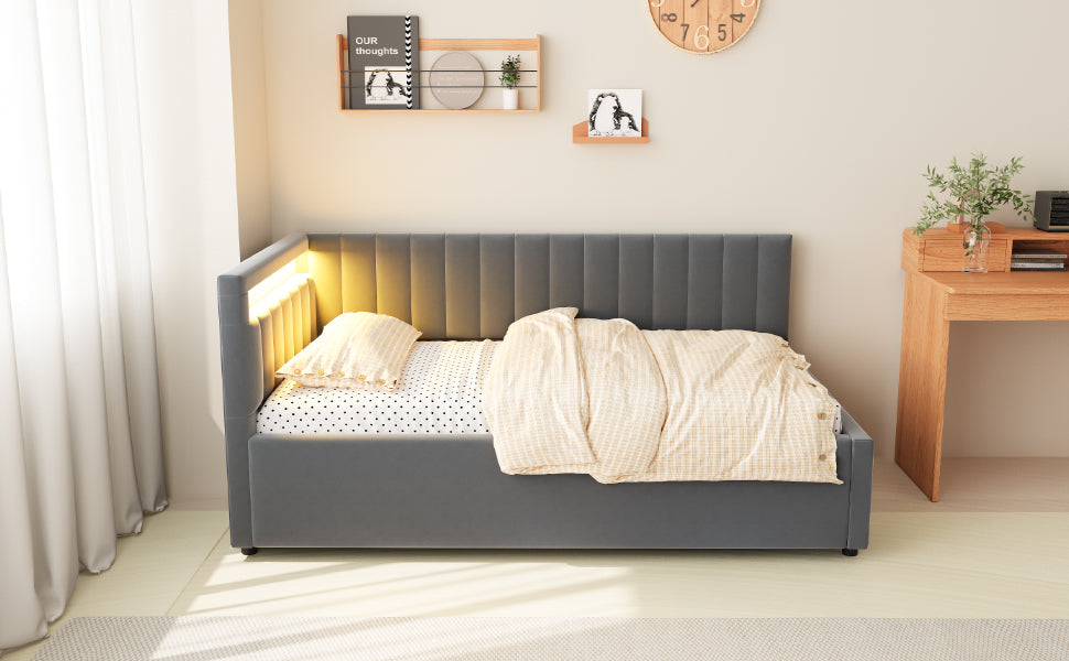 Upholstered Sofa Bed 90x200, with LED & Hydraulic Storage, Velvet Grey