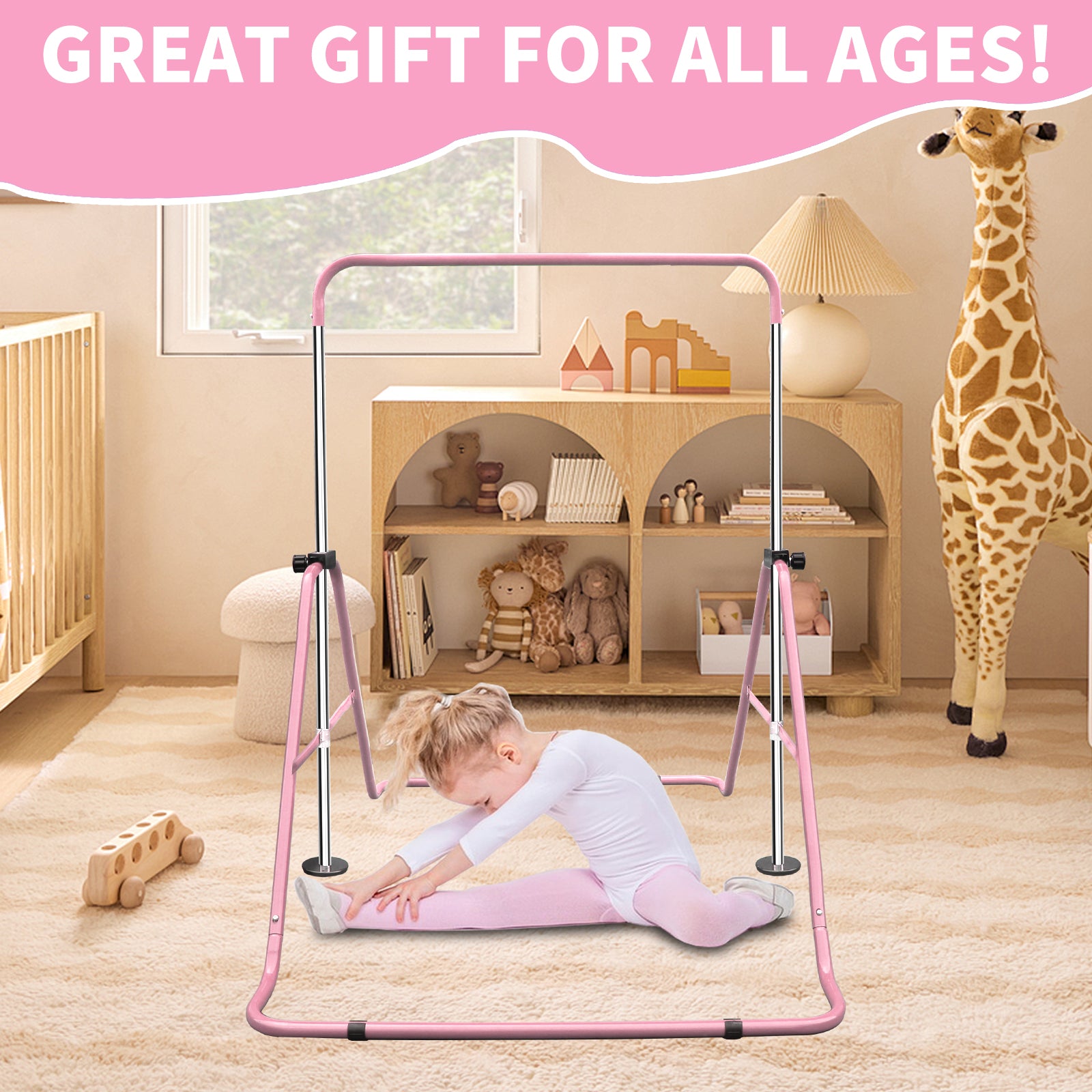 Expandable Gymnastics Bar - Height Adjustable Junior Training, Folding - Pink