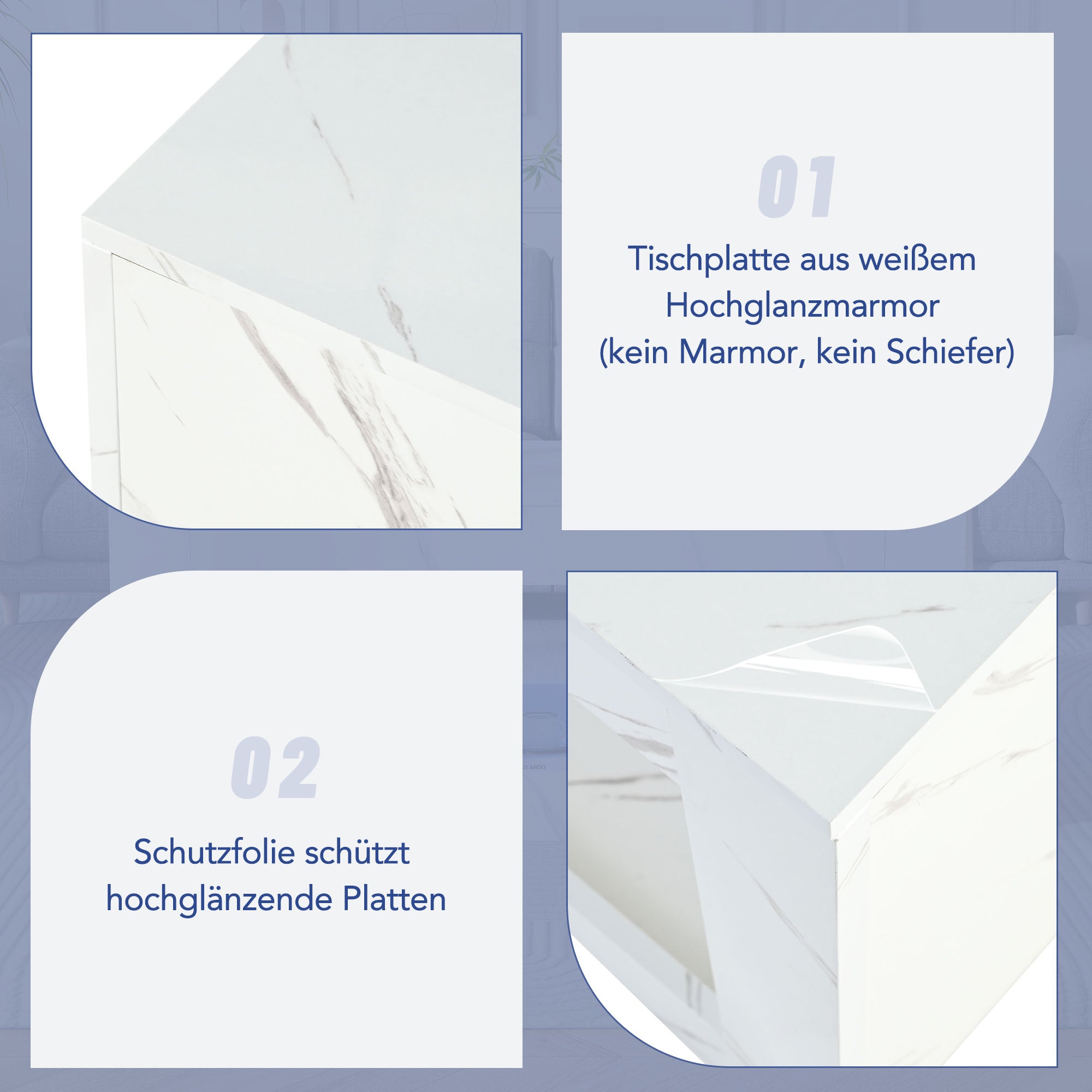 LED Coffee Table High-Gloss Remote Control Marble Print - White