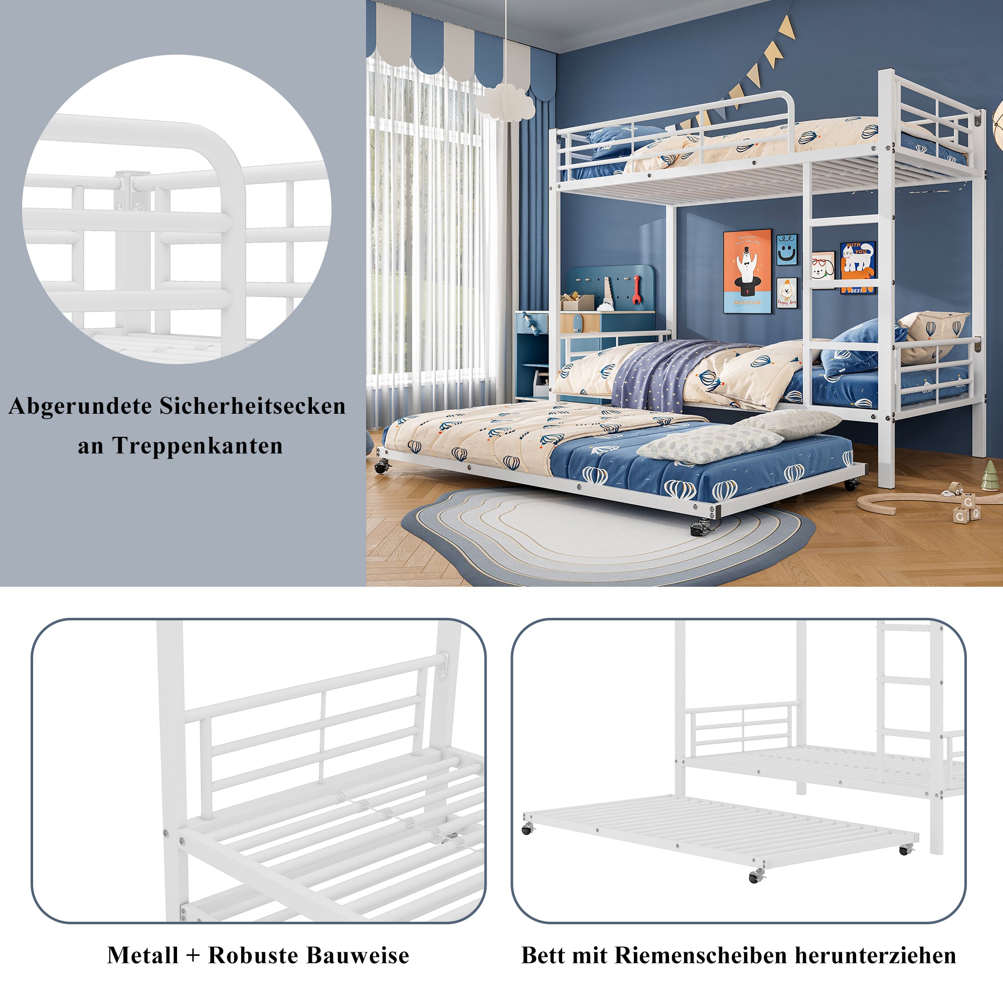 Iron Bunk Bed, Pull-out Bed, Side Rails, 90x200cm & 90x190cm, White