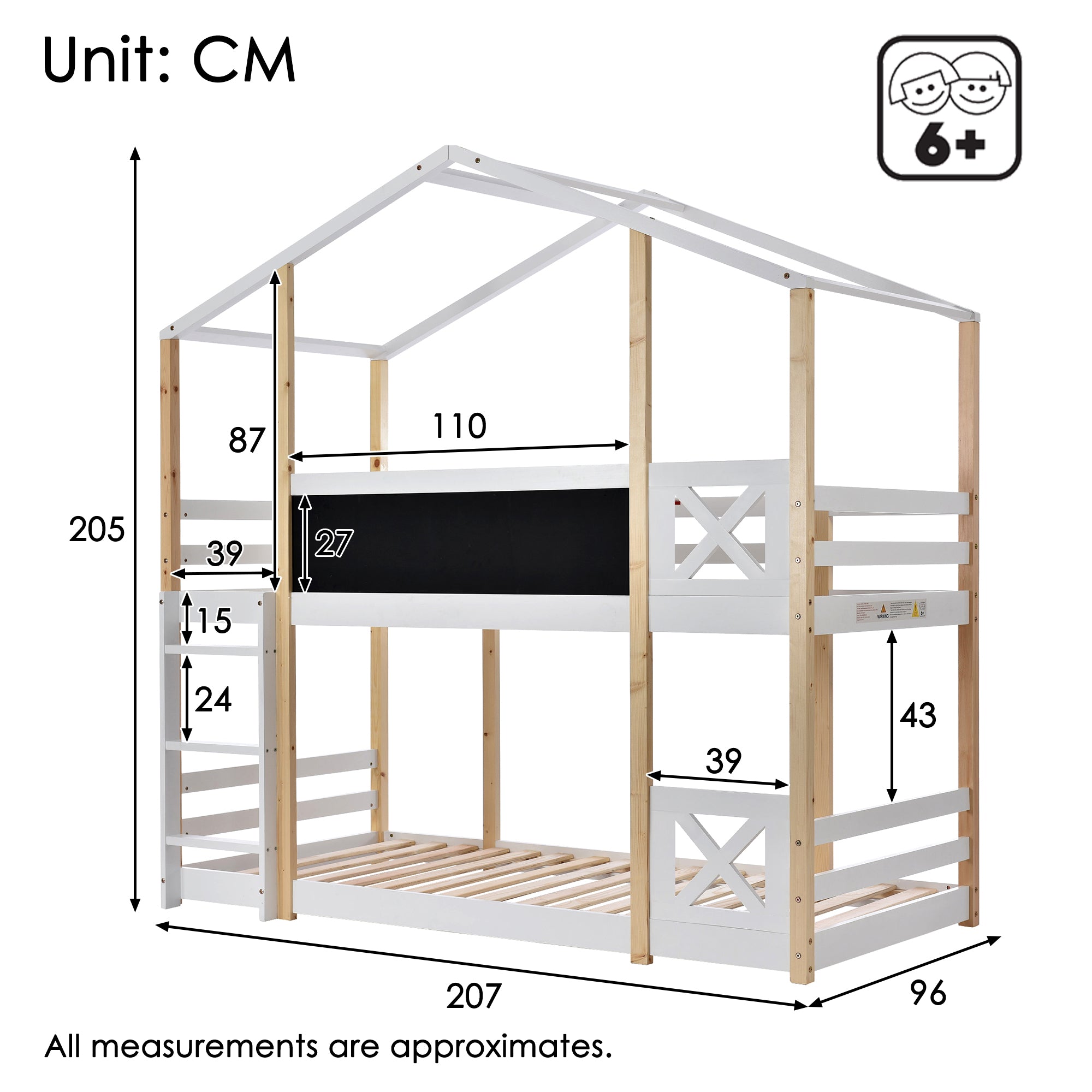 Children's Tree House Bed, Loft Bed with Ladder & Slatted Frames, 90x200 cm, Natural & White