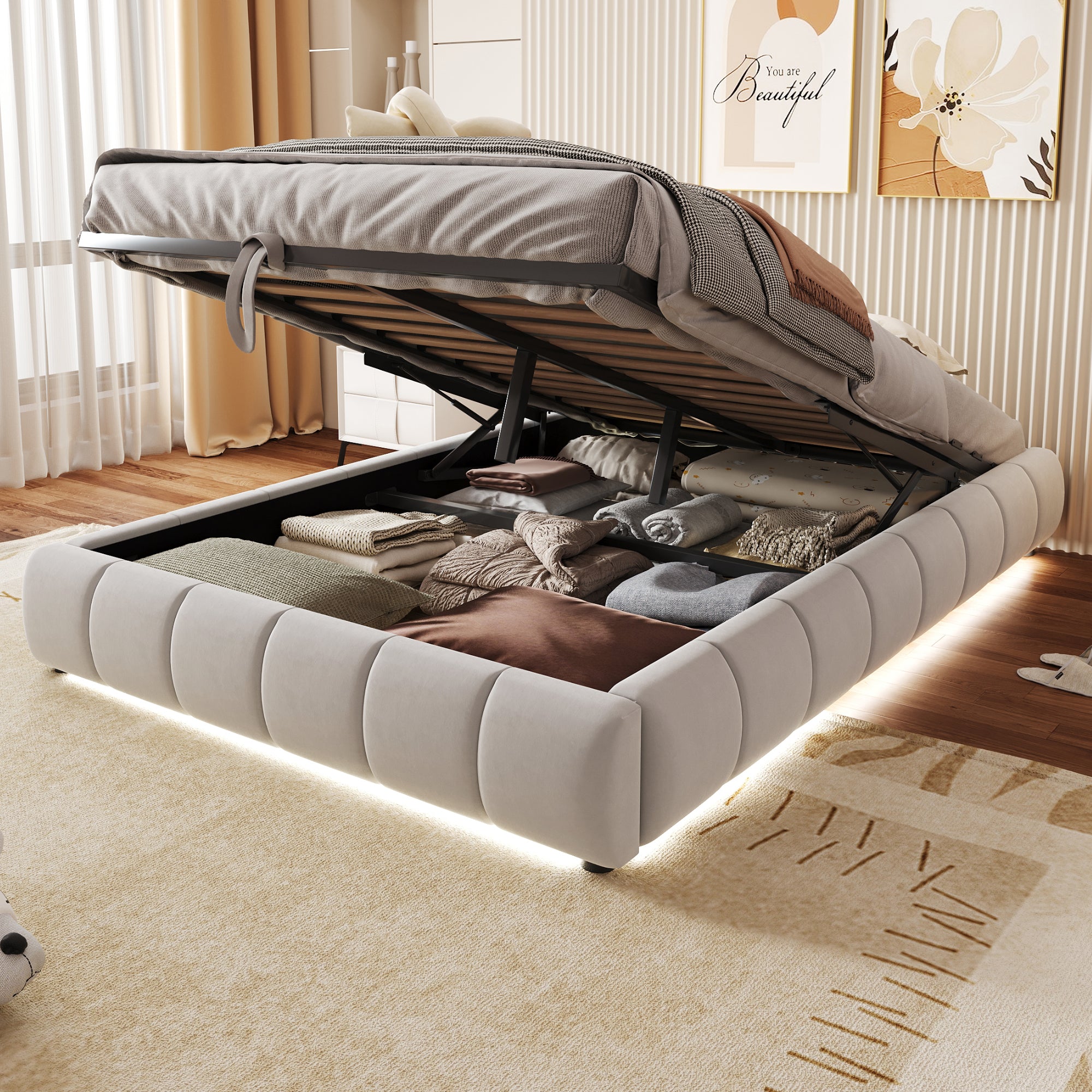 Upholstered Bed, 140x200cm, LED Light, Hydraulic Floating, Beige