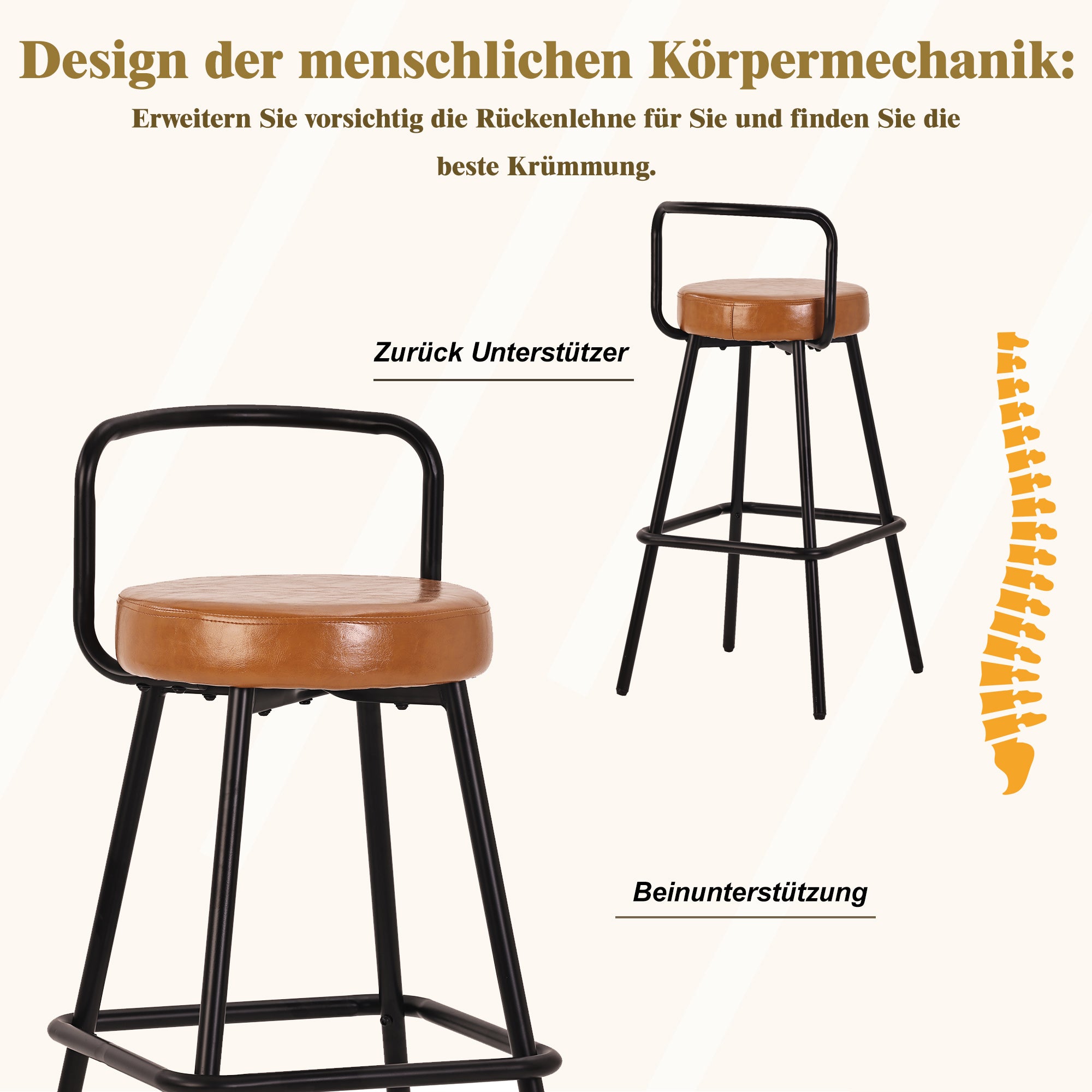 Modern Bar Stools Set of 2 with Ergonomic Backrest and Footrest, PU Leather and Iron, Brown