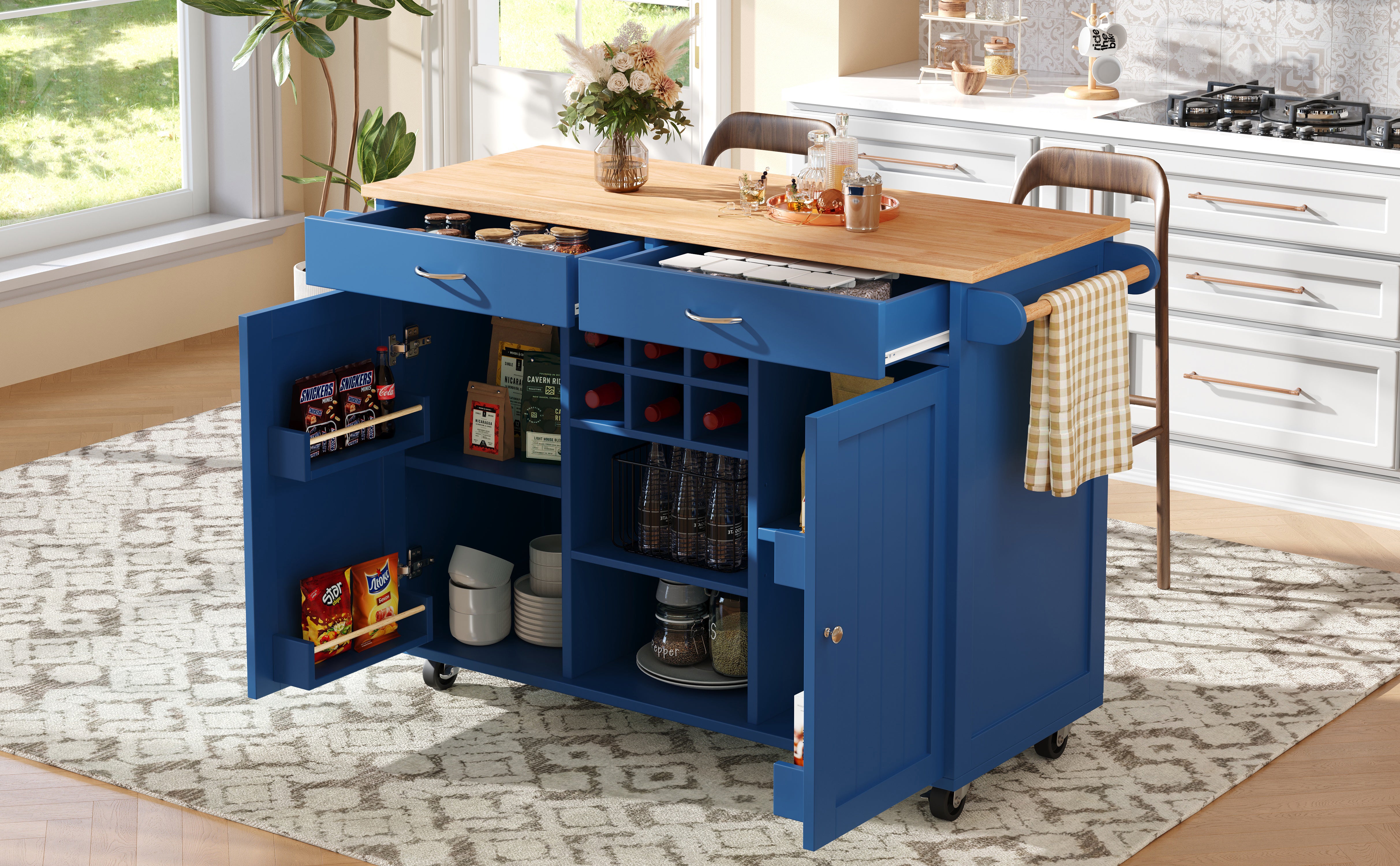 Modern Kitchen Island Dining Table Storage Wood Grain - Blue