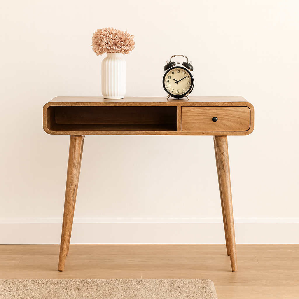 Writing Desk, Curved 1 Drawer Open Slot, Solid Wood Brown
