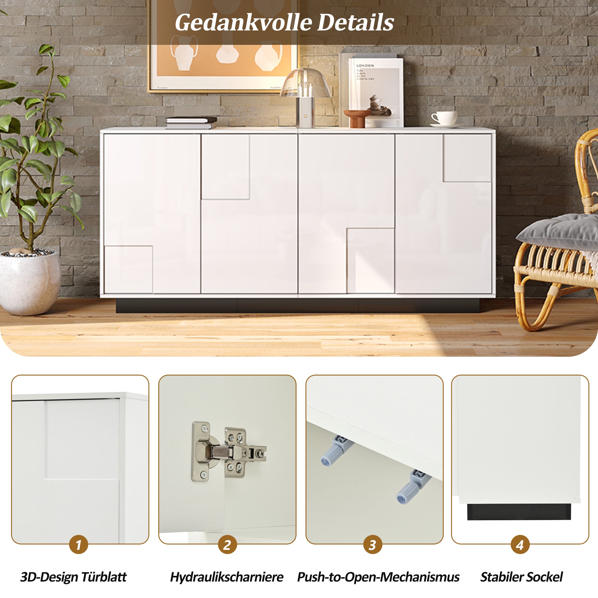 Living Room Sideboard, 4-Door High-Gloss Cabinet with Ample Storage, White and Black