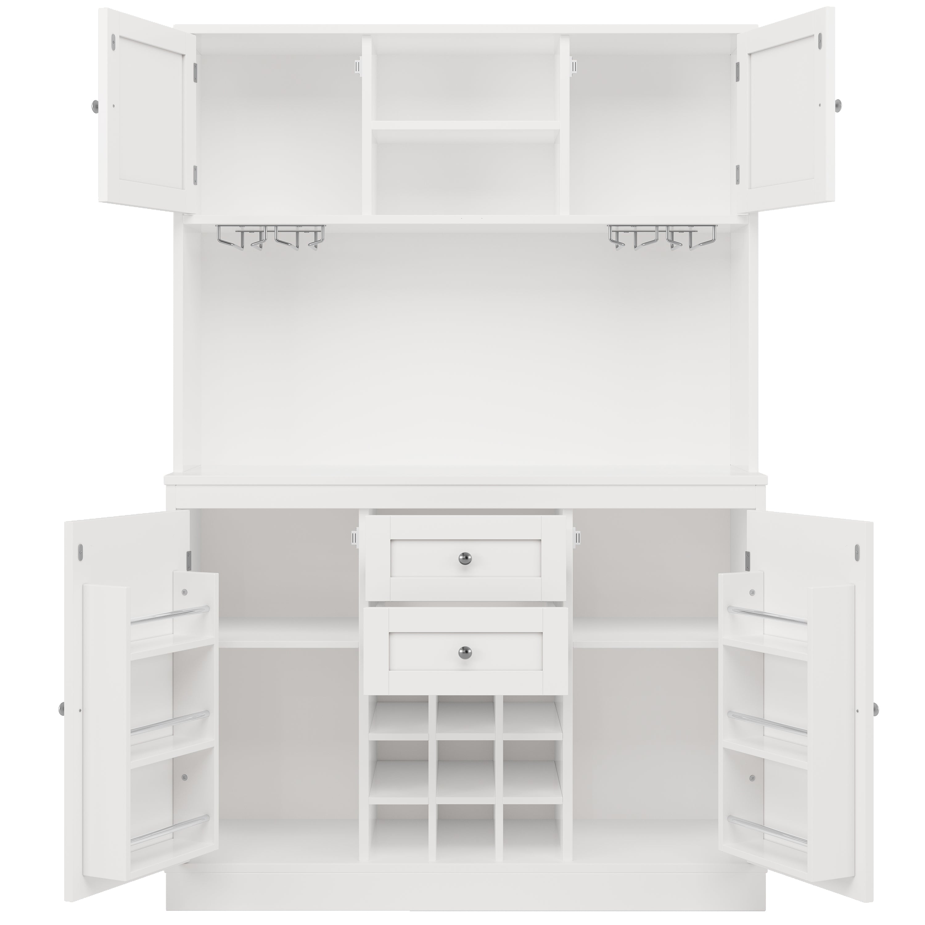 Tall Kitchen Cabinet Buffet Wine Rack Adjustable Shelves 4 Doors 2 Drawers - White