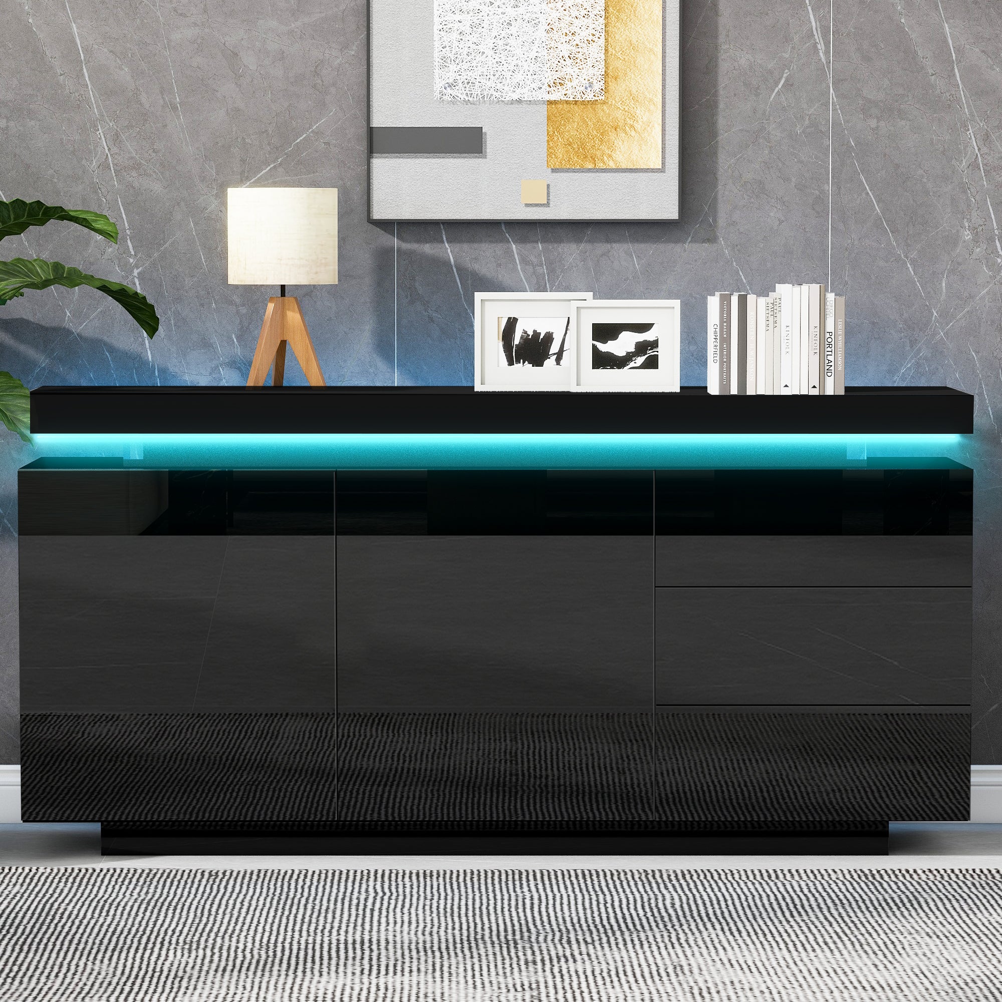 Modern Sideboard Cabinet High-Gloss LED Handleless 2 Doors 3 Drawers 140cm - Black
